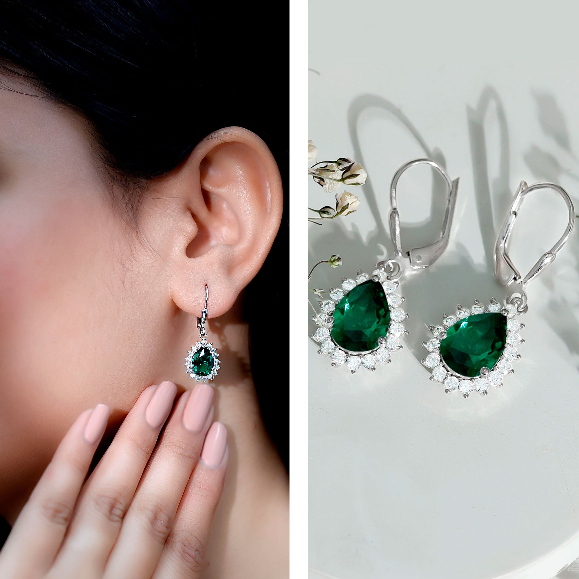 Certified Lab Grown Emerald Hoop Drop Earring in Silver AAAA 92.5 Sterling Silver - Rosec Jewels
