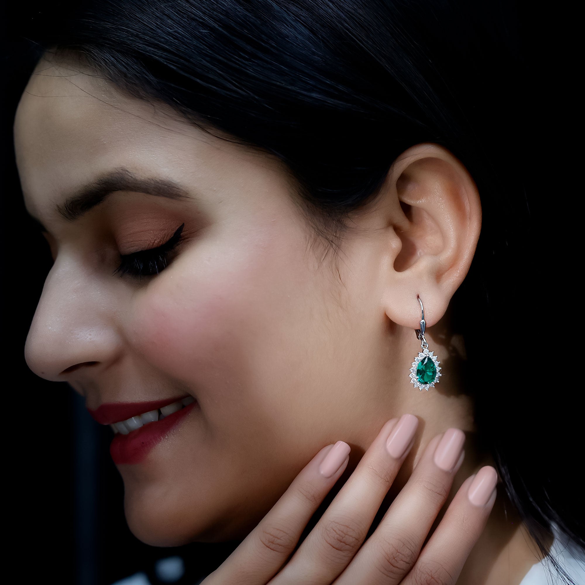 Certified Lab Grown Emerald Hoop Drop Earring in Silver AAAA 92.5 Sterling Silver - Rosec Jewels