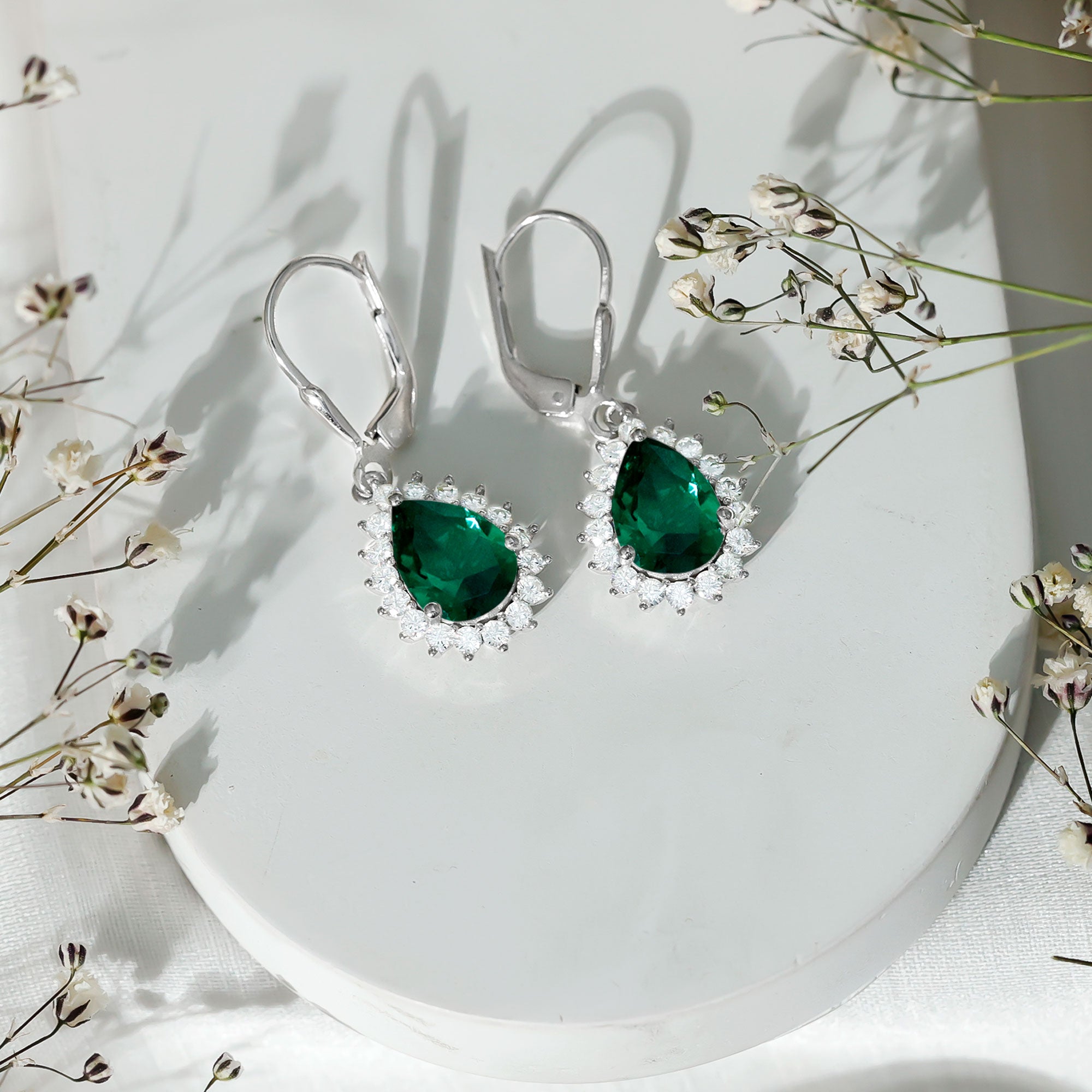 Certified Lab Grown Emerald Hoop Drop Earring in Silver AAAA 92.5 Sterling Silver - Rosec Jewels
