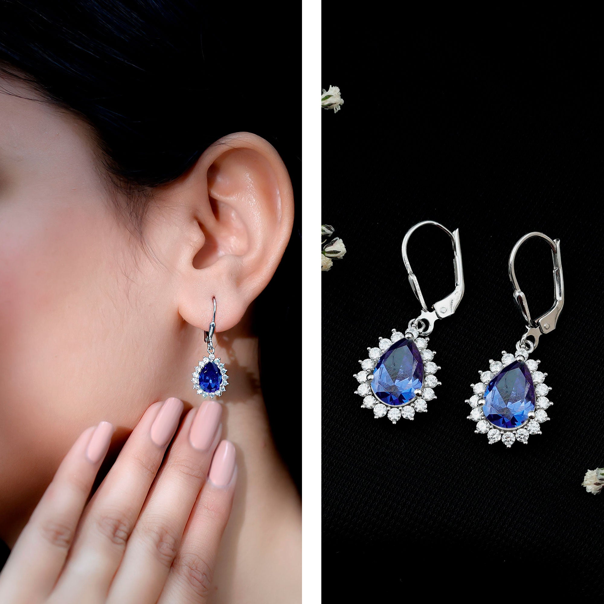 5 Carat Lab Grown Blue Sapphire Sterling Silver Drop Earrings AAAA 92.5 Sterling Silver - Rosec Jewels