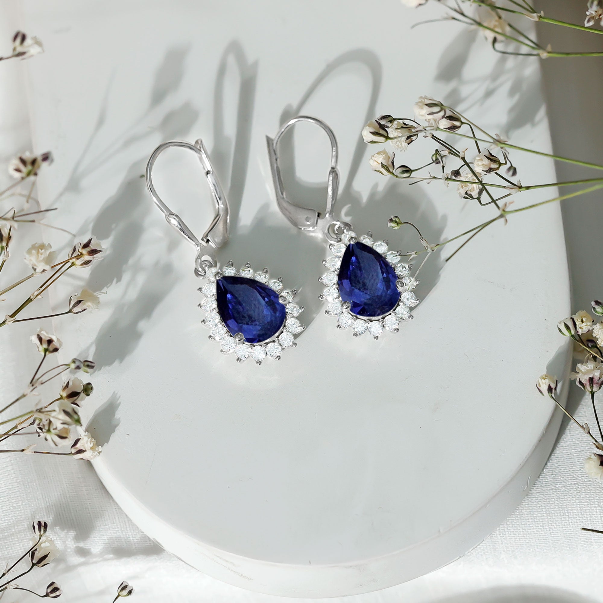 5 Carat Lab Grown Blue Sapphire Sterling Silver Drop Earrings AAAA 92.5 Sterling Silver - Rosec Jewels