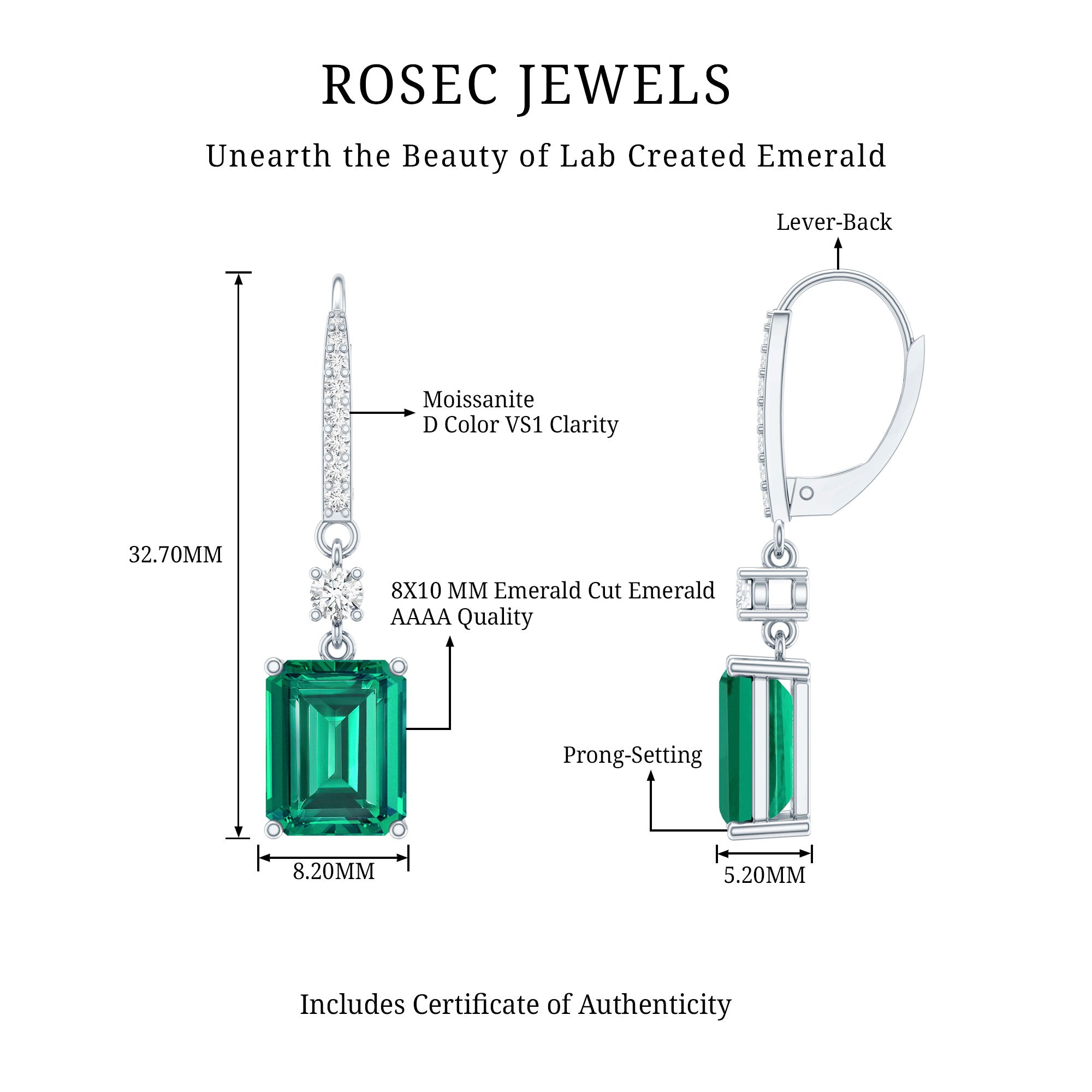 Sterling Silver 6.5 Carat Lab Grown Emerald Drop Earrings For Women AAAA 92.5 Sterling Silver - Rosec Jewels