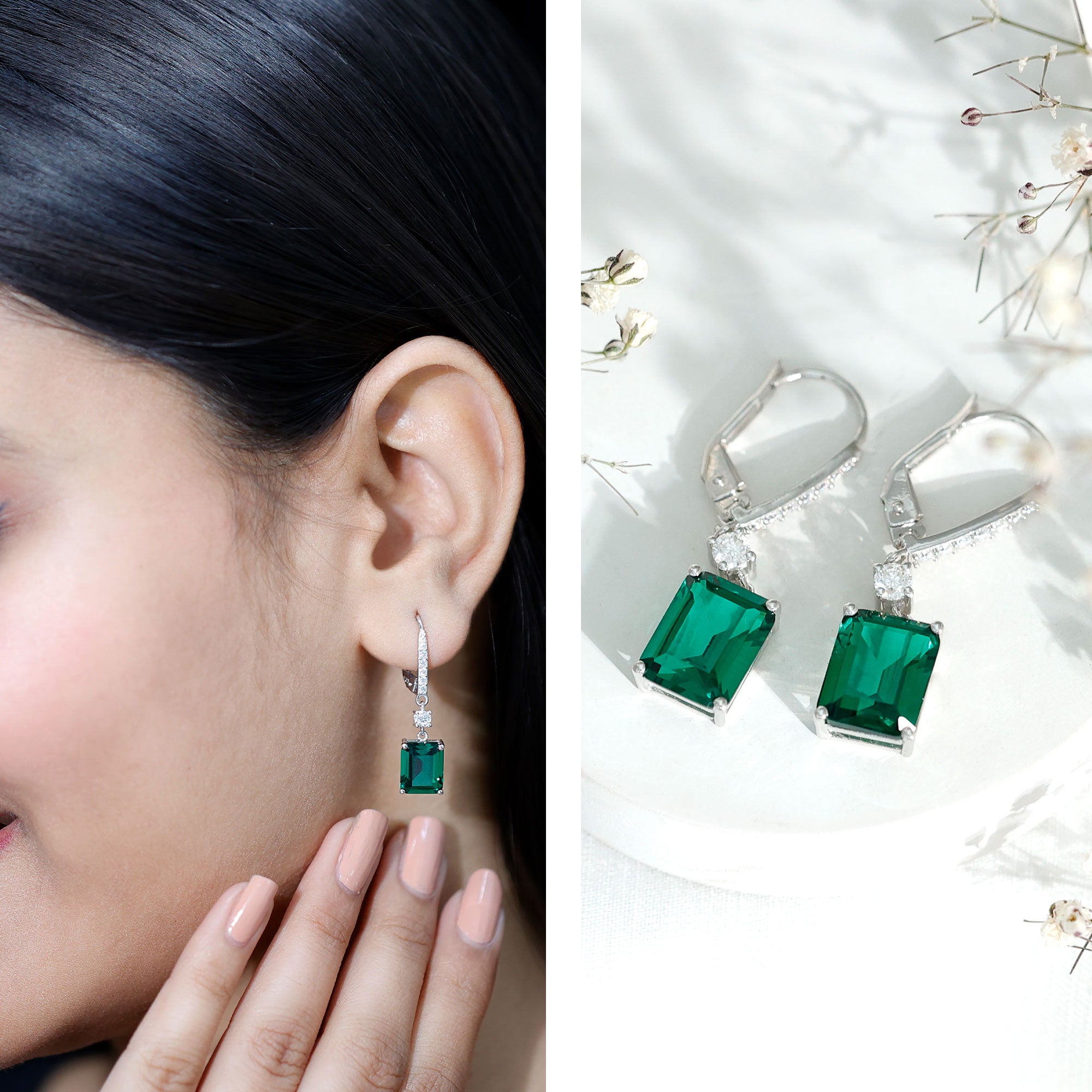 Sterling Silver 6.5 Carat Lab Grown Emerald Drop Earrings For Women AAAA 92.5 Sterling Silver - Rosec Jewels
