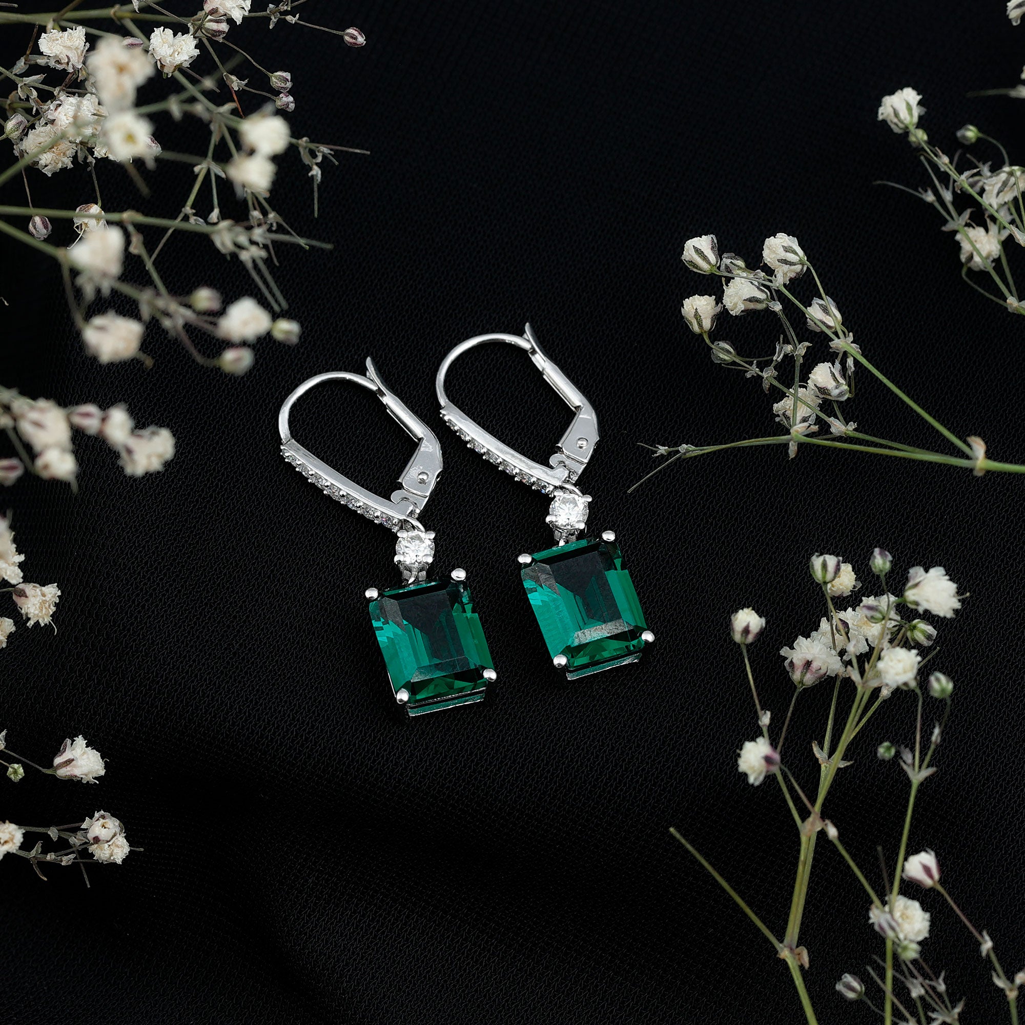 Sterling Silver 6.5 Carat Lab Grown Emerald Drop Earrings For Women AAAA 92.5 Sterling Silver - Rosec Jewels