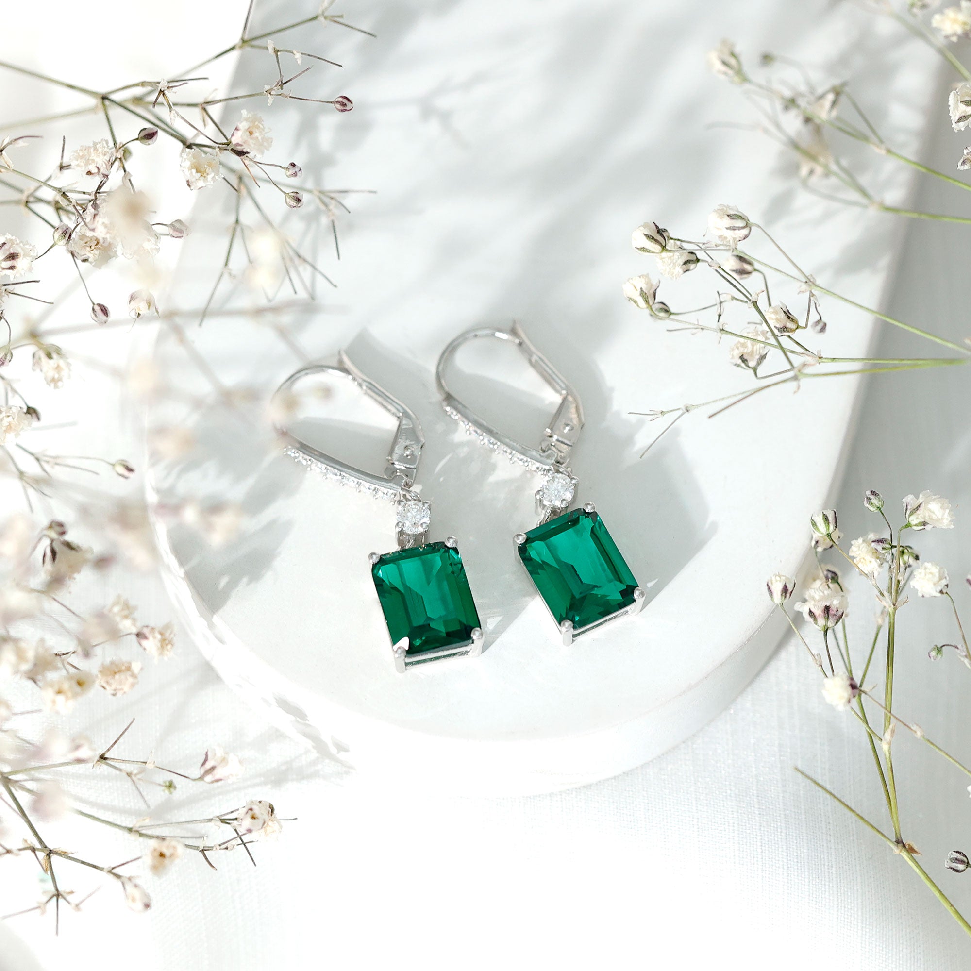 Sterling Silver 6.5 Carat Lab Grown Emerald Drop Earrings For Women AAAA 92.5 Sterling Silver - Rosec Jewels