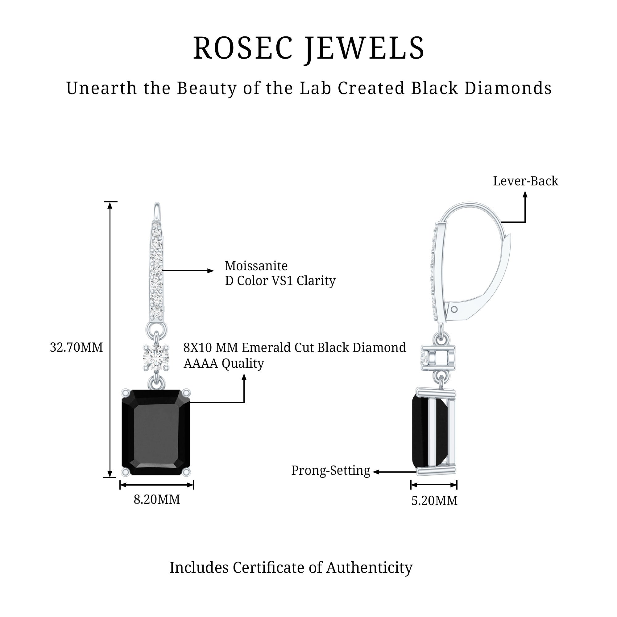 Certified 6 Carat Lab Grown Black Diamond Dangling Earrings AAAA ( Synthetic ) 92.5 Sterling Silver - Rosec Jewels