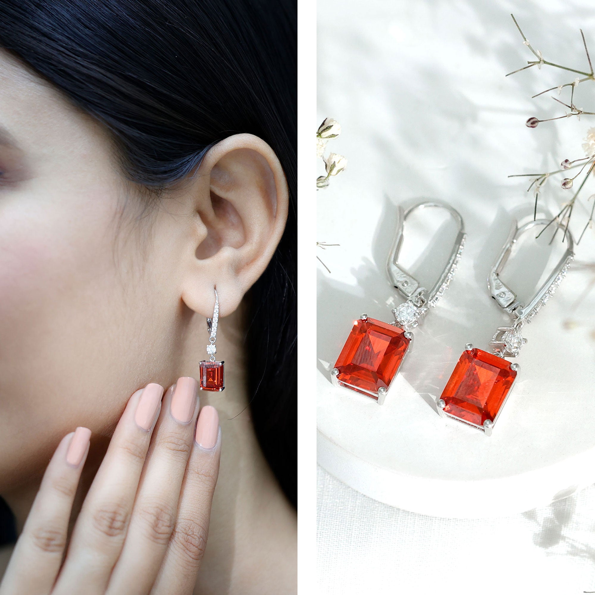 5.5 Carat Emerald Cut Lab Created Orange Sapphire Hoop Drop Earrings AAAA 92.5 Sterling Silver - Rosec Jewels