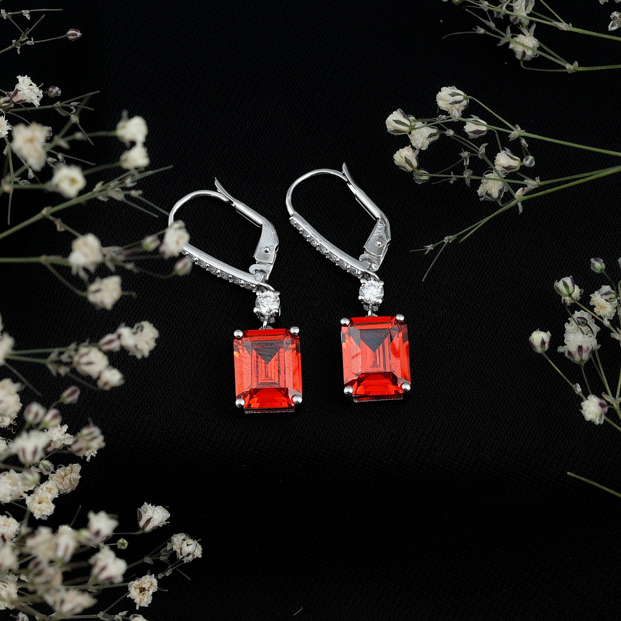 5.5 Carat Emerald Cut Lab Created Orange Sapphire Hoop Drop Earrings AAAA 92.5 Sterling Silver - Rosec Jewels