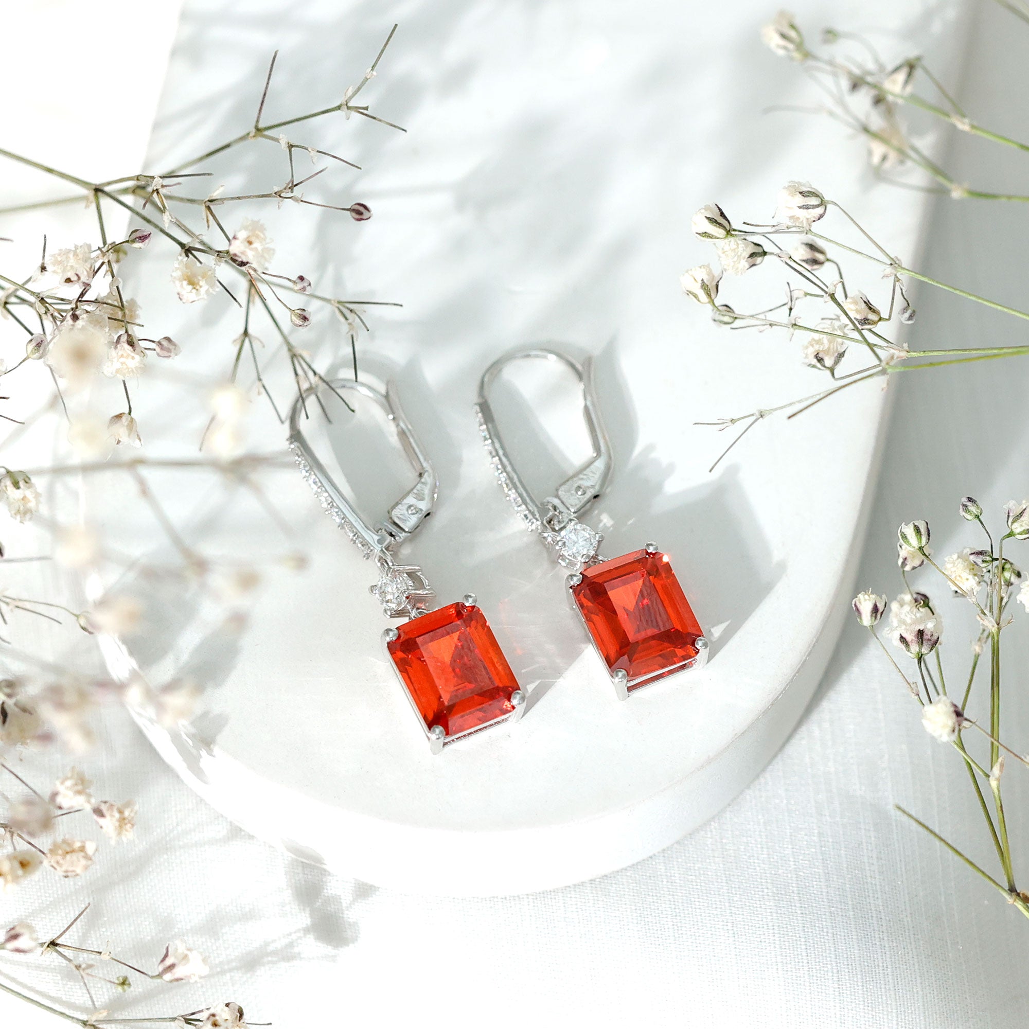 5.5 Carat Emerald Cut Lab Created Orange Sapphire Hoop Drop Earrings AAAA 92.5 Sterling Silver - Rosec Jewels