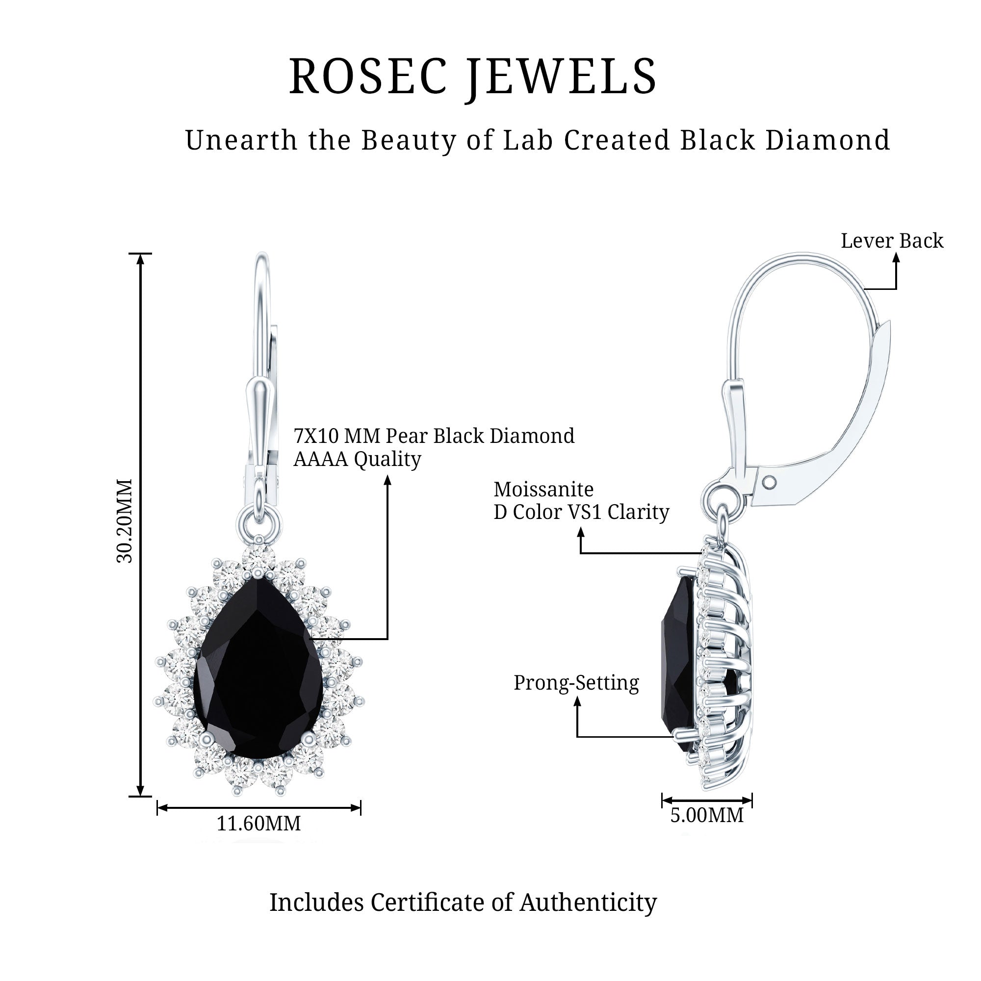 Certified 3.6 Carat Lab Grown Black Diamond Teardrop Dangle Earrings for Women AAAA ( Synthetic ) 92.5 Sterling Silver - Rosec Jewels