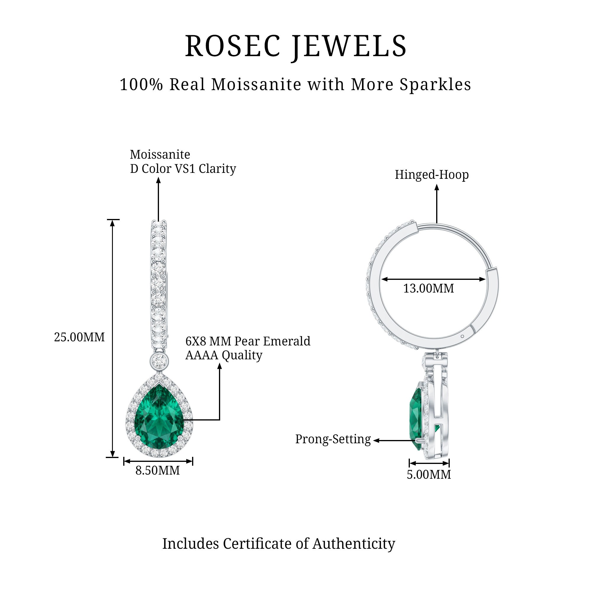 Lab Grown Emerald Hoop Drop Earrings With Moissanite Halo AAAA - Rosec Jewels