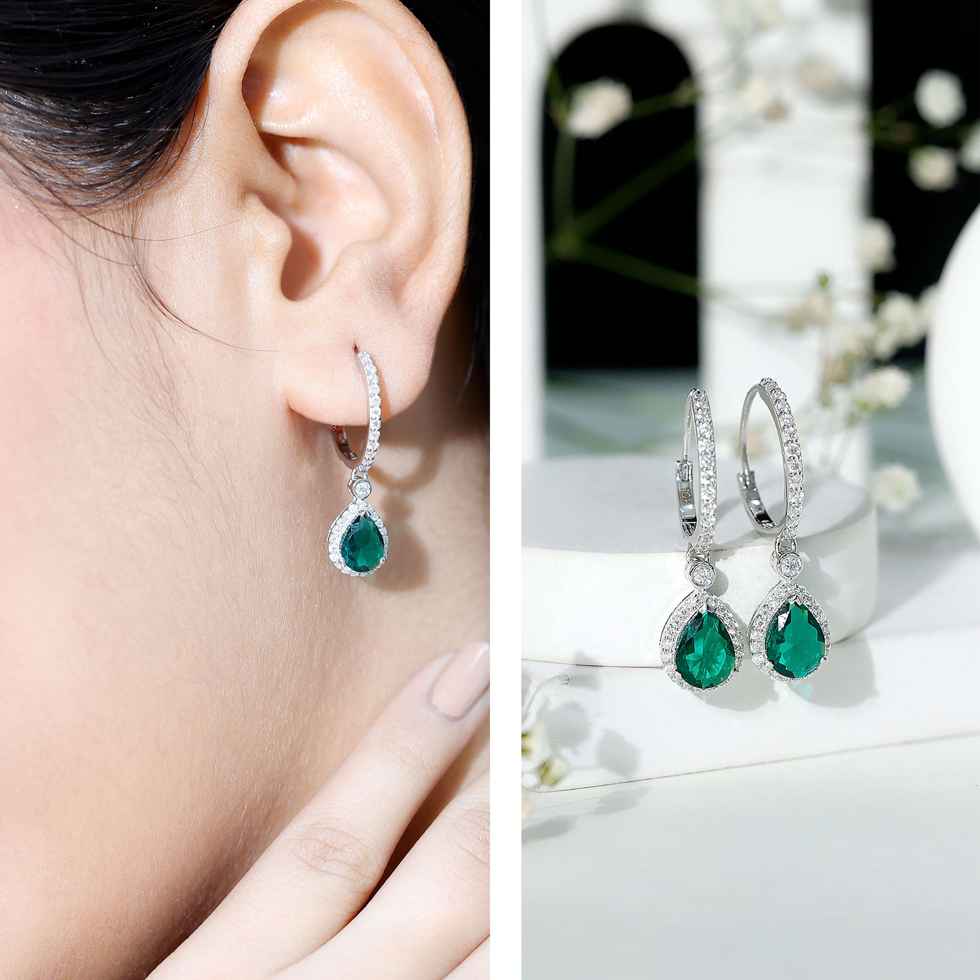 Lab Grown Emerald Hoop Drop Earrings With Moissanite Halo AAAA - Rosec Jewels