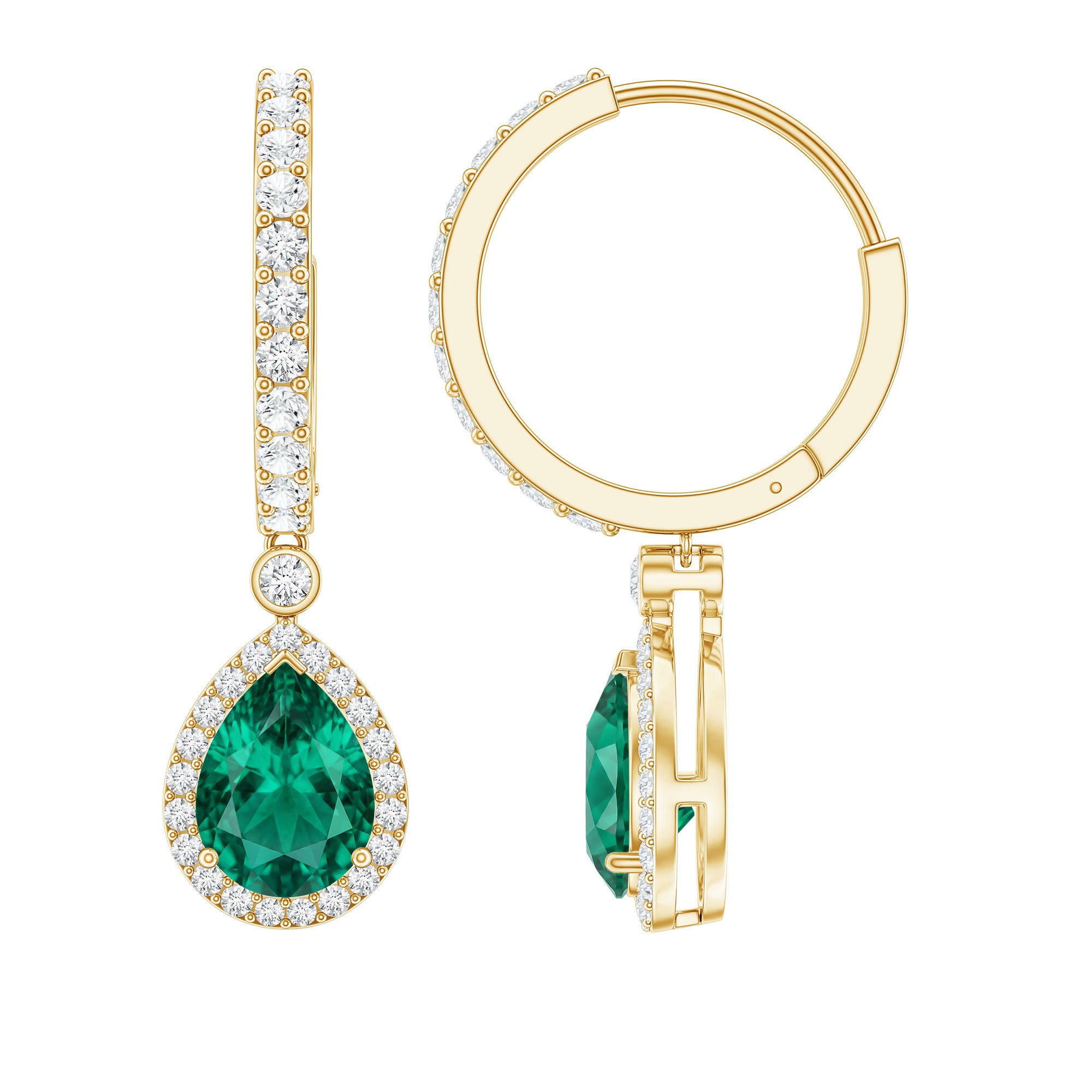 Lab Grown Emerald Hoop Drop Earrings With Moissanite Halo AAAA - Rosec Jewels