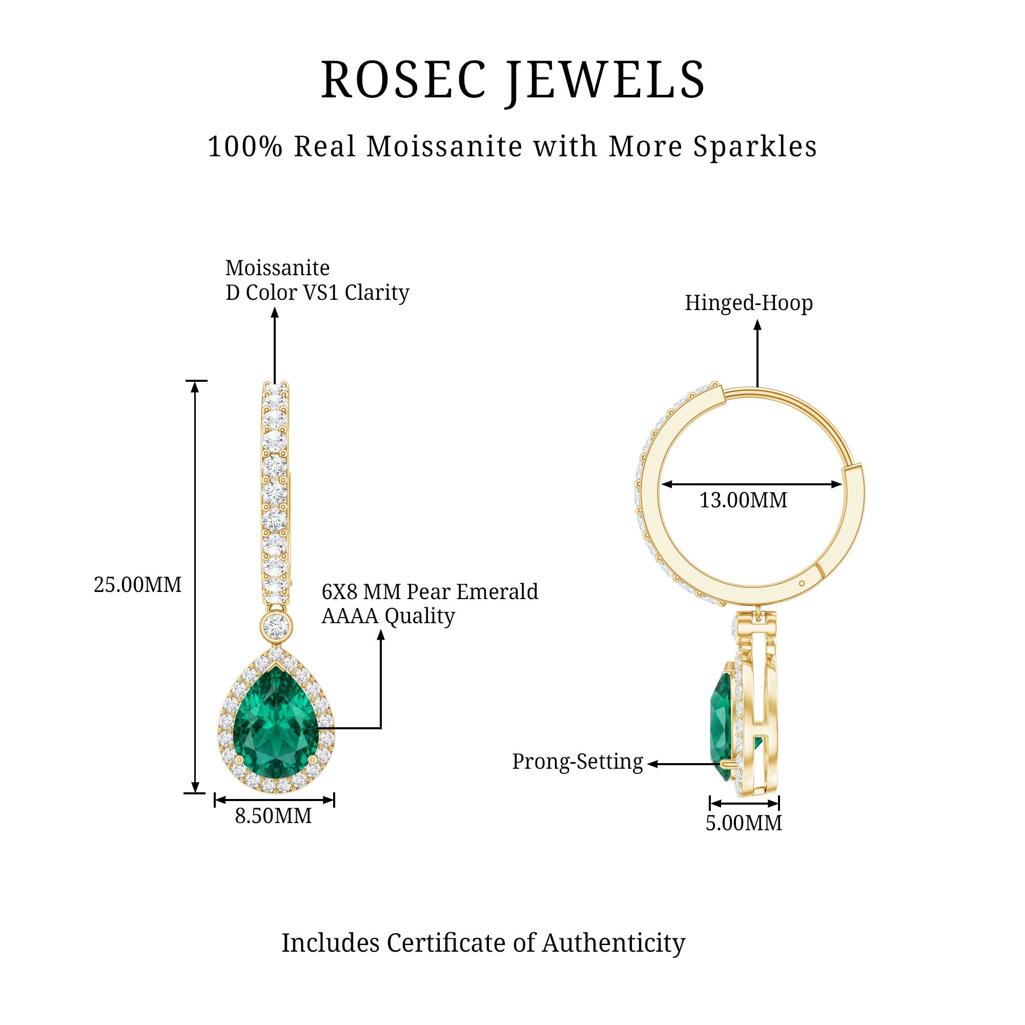Lab Grown Emerald Hoop Drop Earrings With Moissanite Halo AAAA - Rosec Jewels