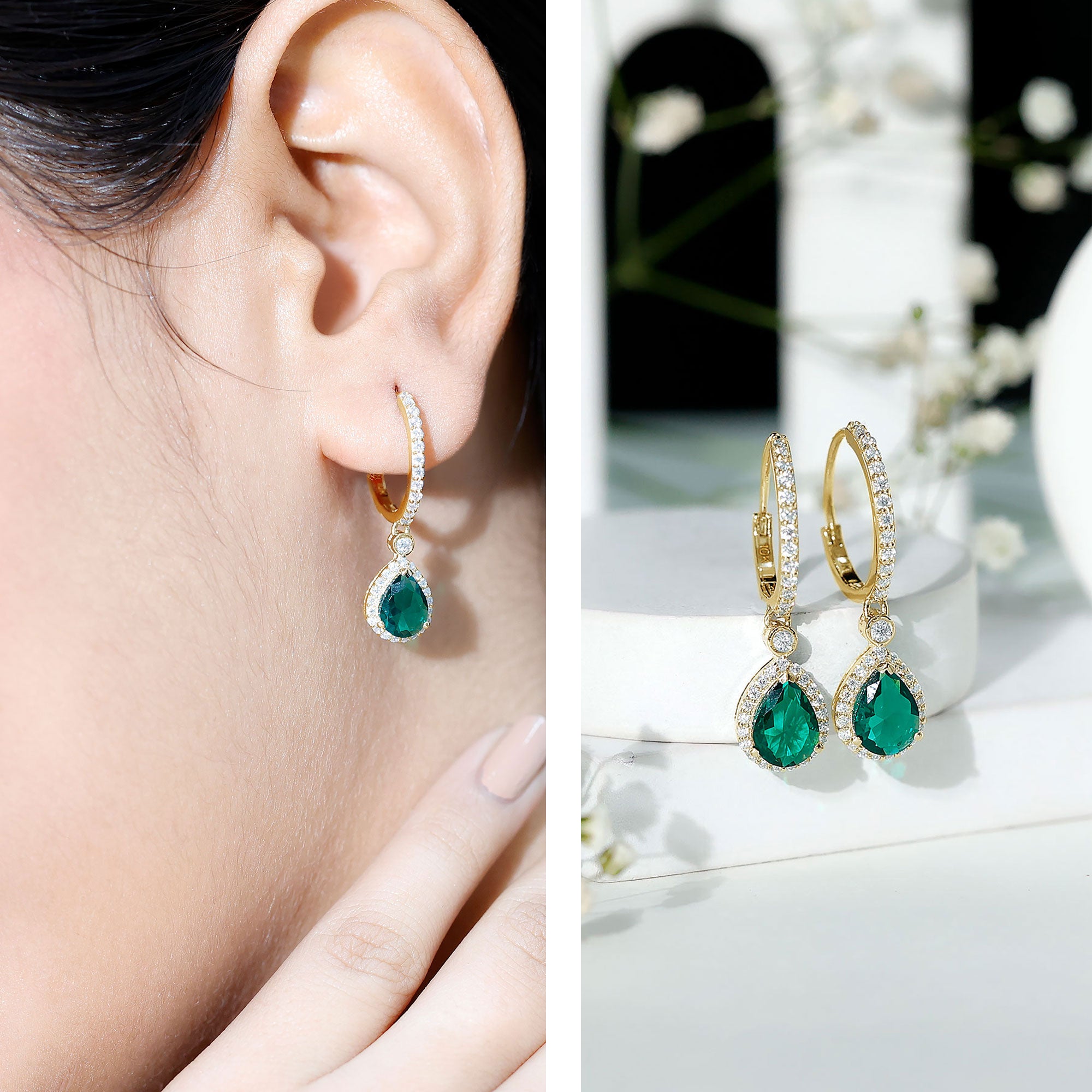 Lab Grown Emerald Hoop Drop Earrings With Moissanite Halo AAAA - Rosec Jewels