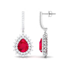 Pear Cut Created Ruby J Hoop Drop Earring with Moissanite Halo Lab Created Ruby - ( AAAA ) - Quality - Rosec Jewels