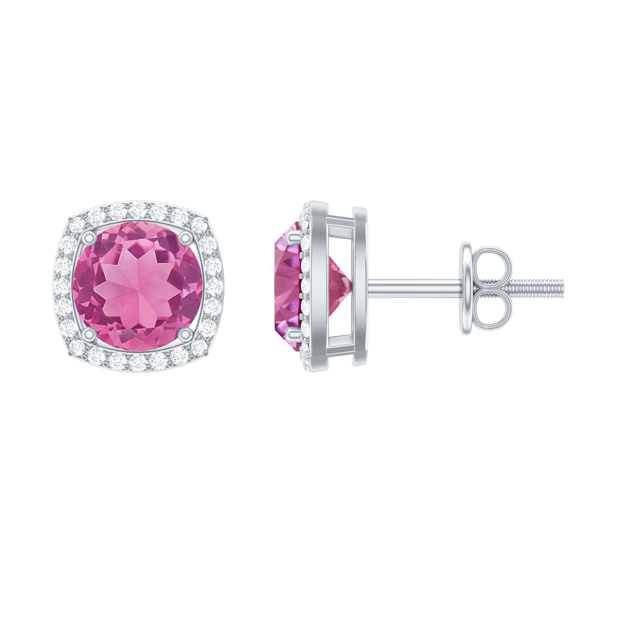 Pink Tourmaline Stud Earrings with Diamond Halo