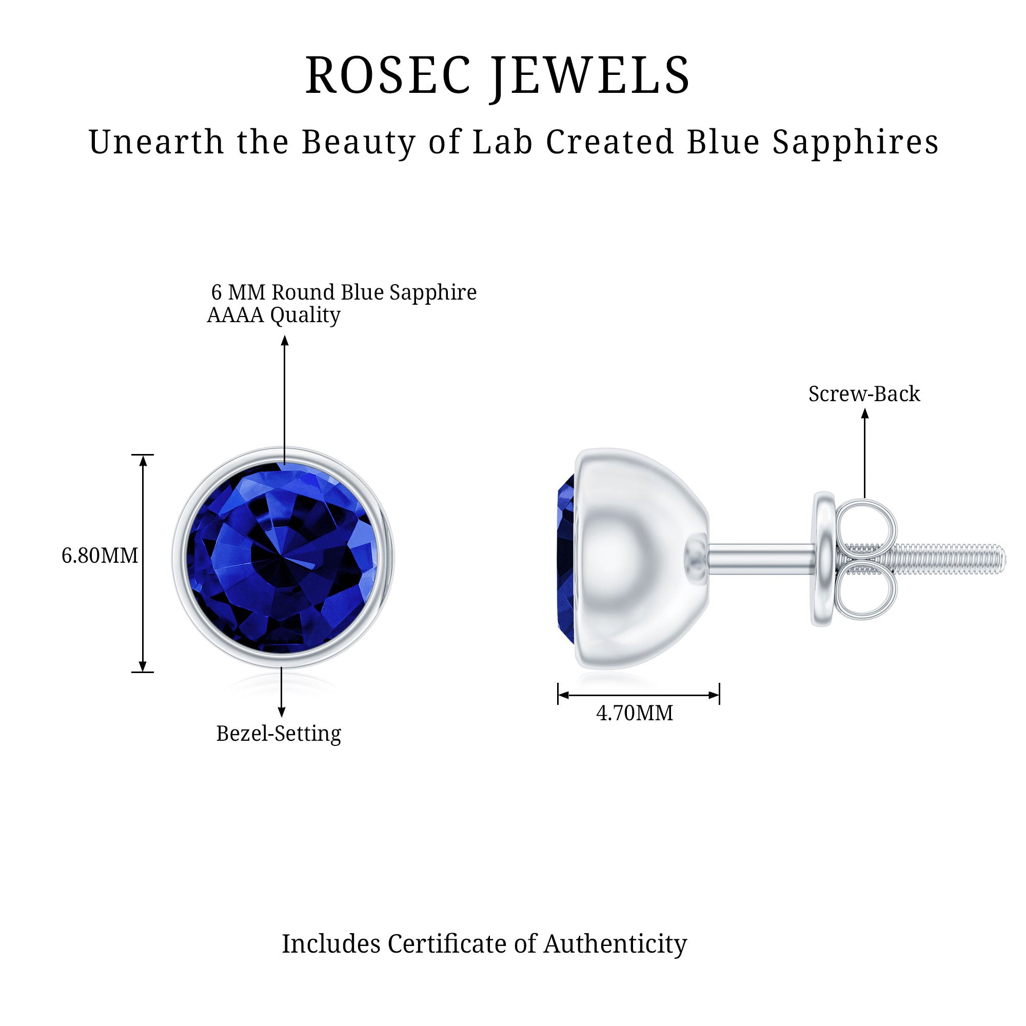 2 Carat Round Lab Created Blue Sapphire Stud Earrings in Bezel Setting AAAA - Rosec Jewels