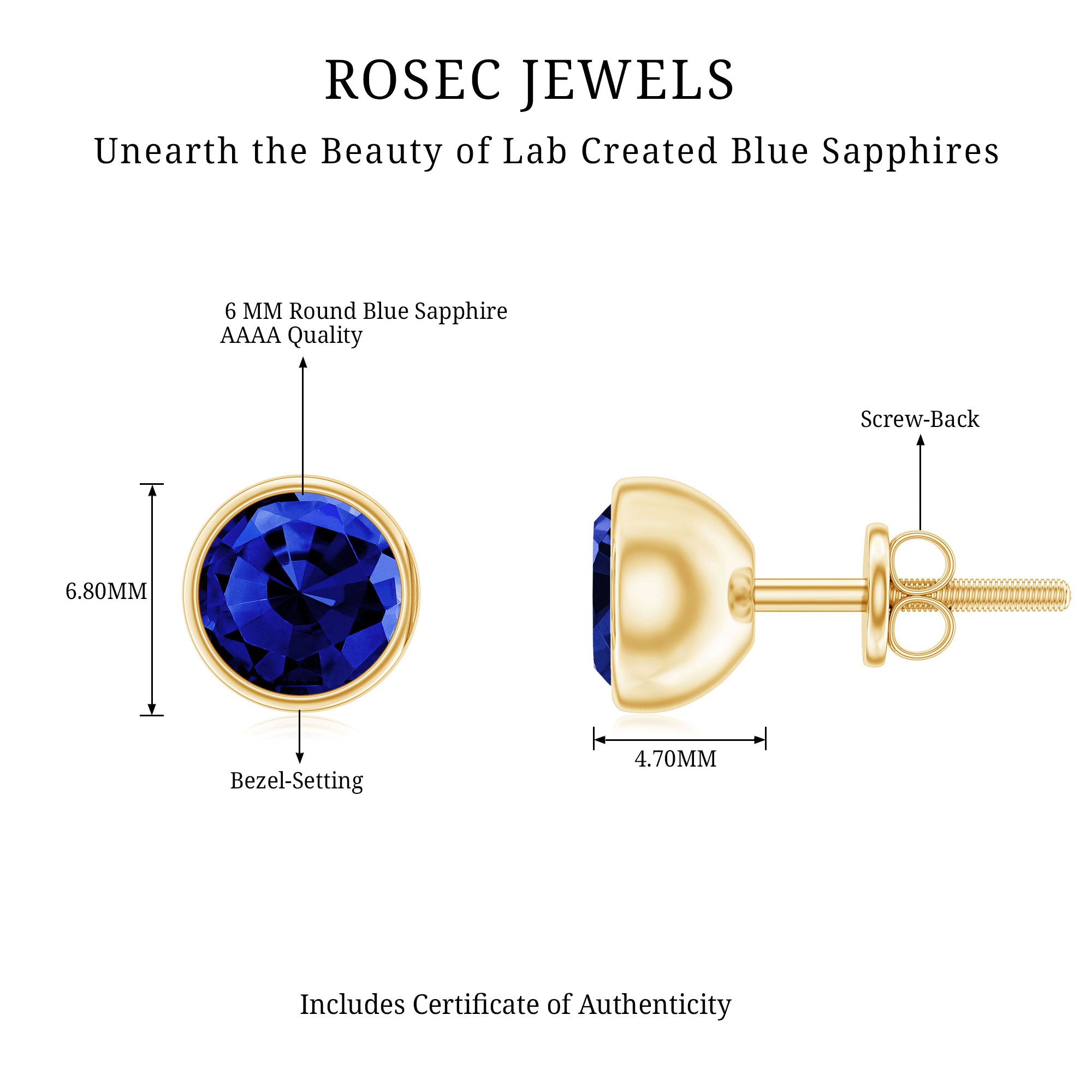 2 Carat Round Lab Created Blue Sapphire Stud Earrings in Bezel Setting AAAA - Rosec Jewels
