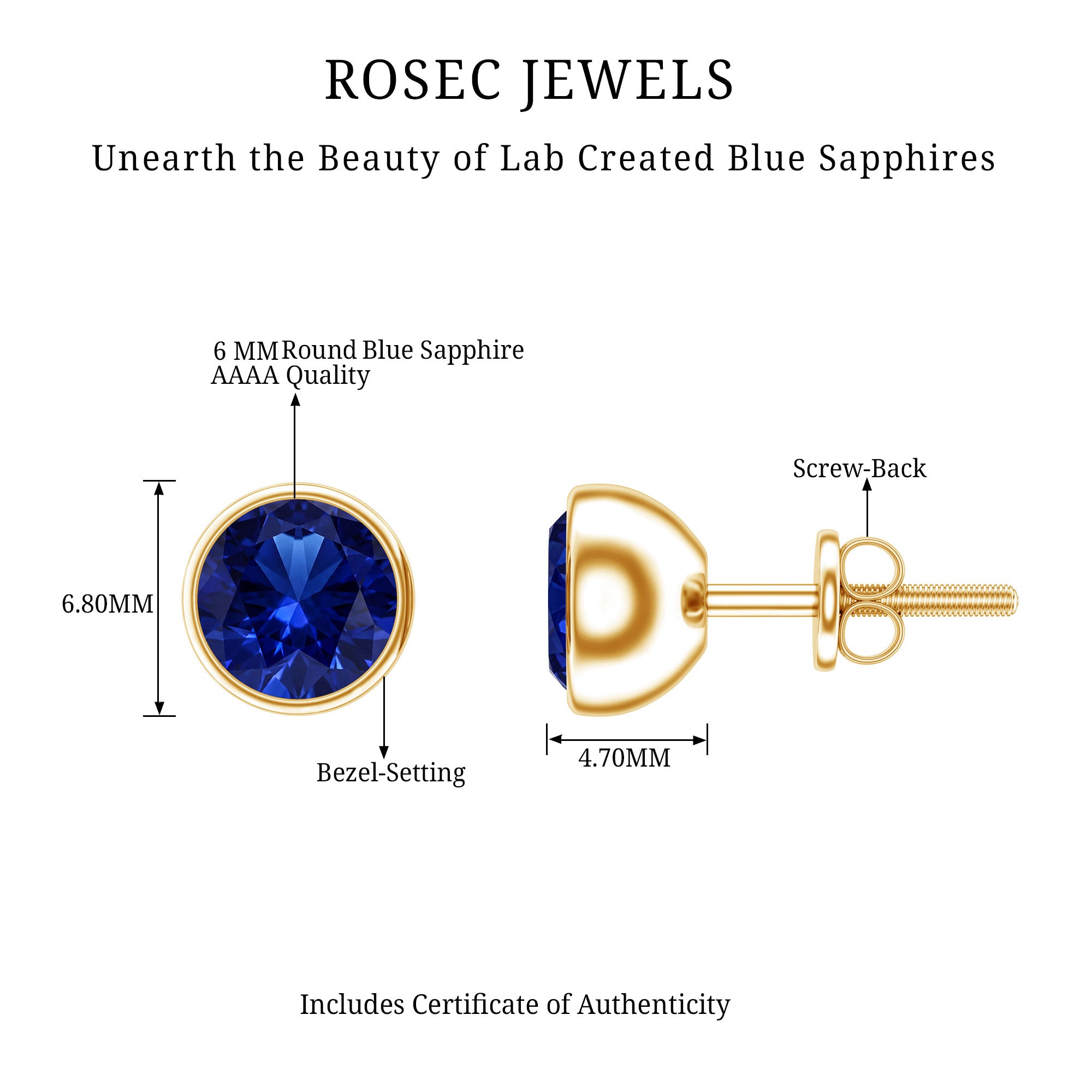2 Carat Round Lab Created Blue Sapphire Stud Earrings in Bezel Setting AAAA - Rosec Jewels