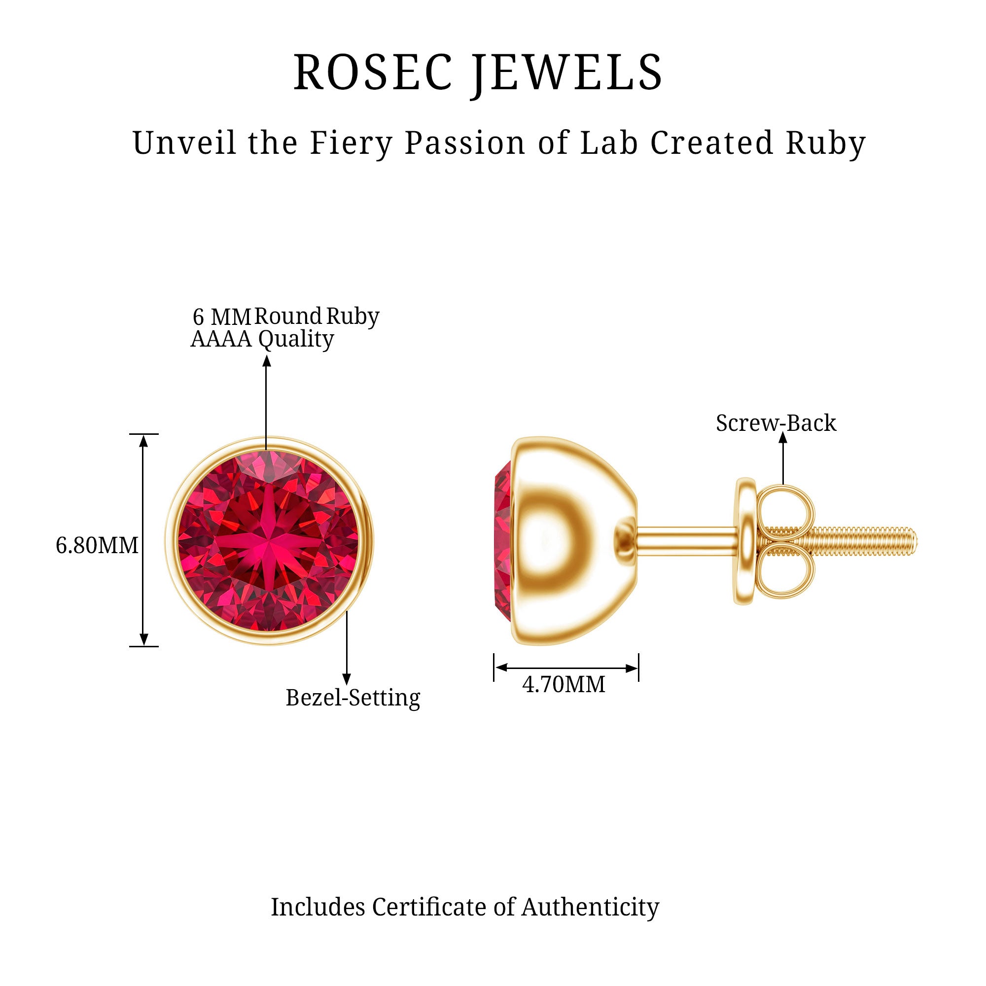 Lab Grown Ruby Solitaire Stud Earrings in Bezel Setting AAAA - Rosec Jewels