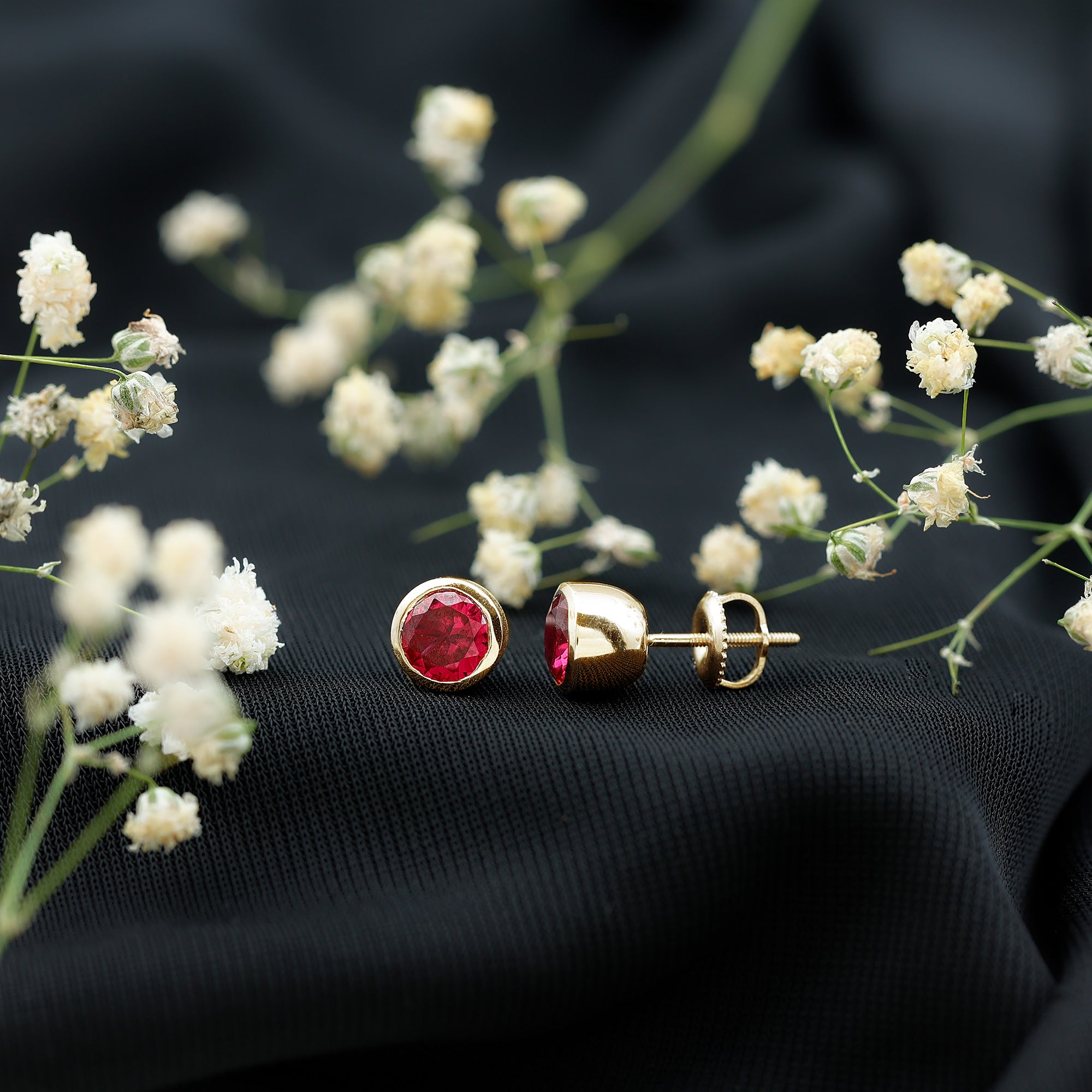 Lab Grown Ruby Solitaire Stud Earrings in Bezel Setting AAAA - Rosec Jewels