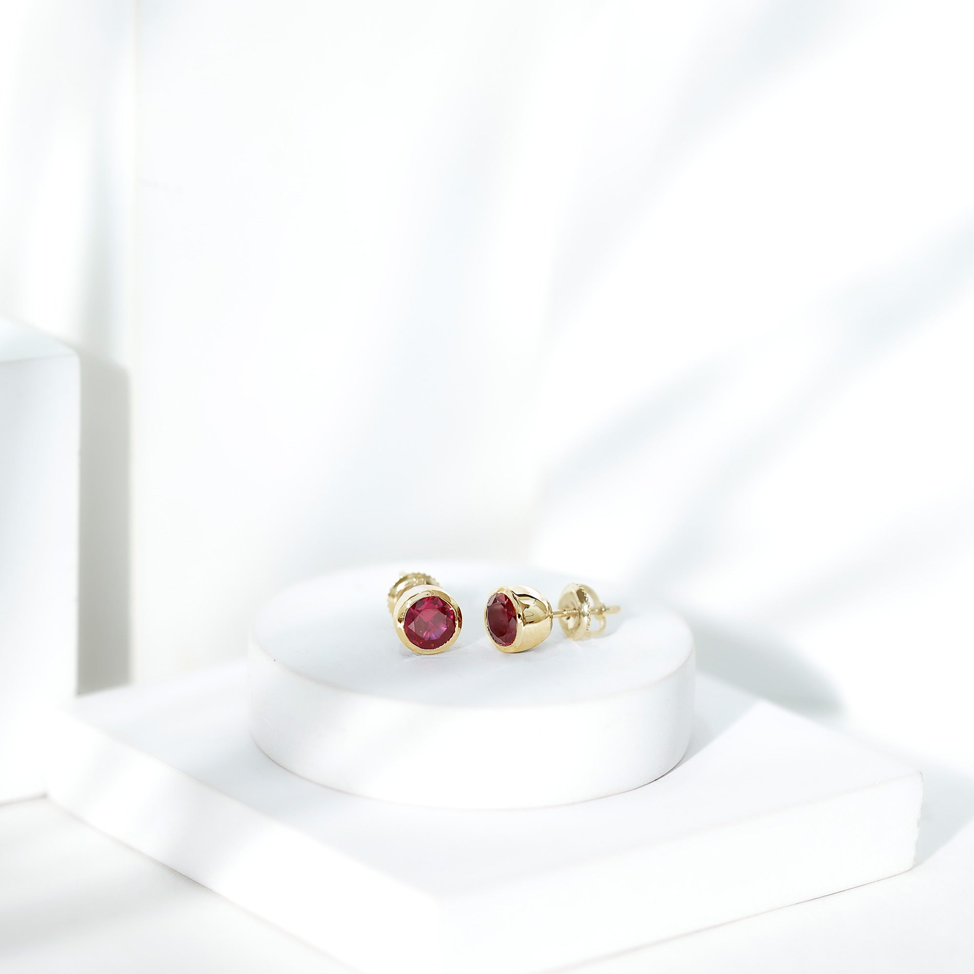 Lab Grown Ruby Solitaire Stud Earrings in Bezel Setting AAAA - Rosec Jewels