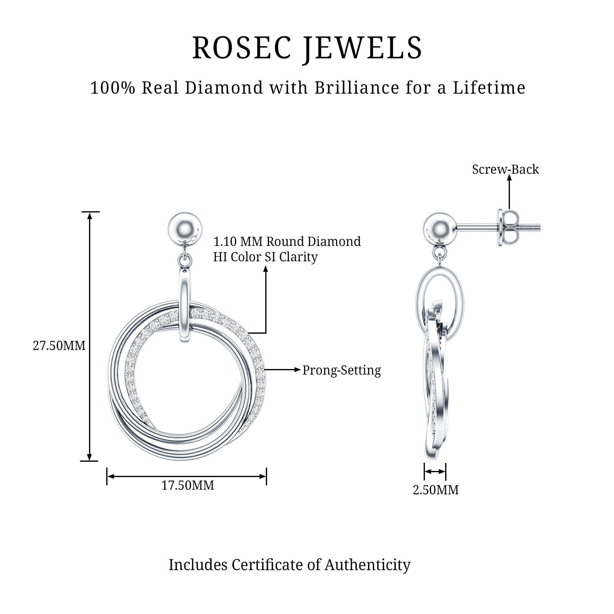 Round Cut Diamond Drop Earring with Screw Back Closure Natural - ( HI-SI ) - Rosec Jewels