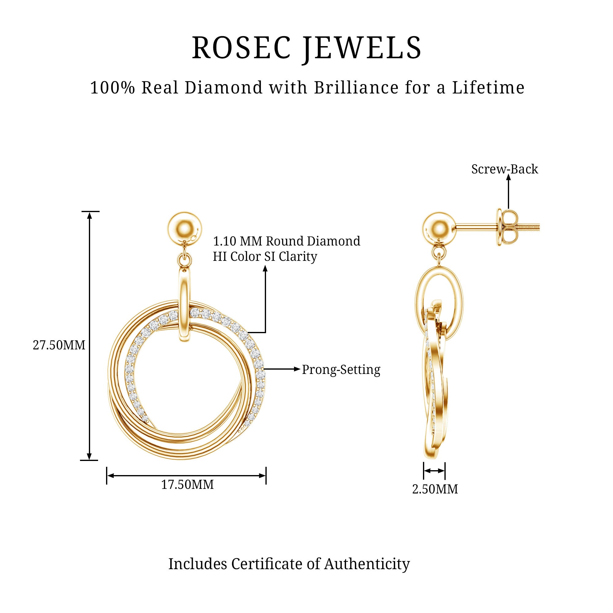 Round Cut Diamond Drop Earring with Screw Back Closure Natural - ( HI-SI ) - Rosec Jewels