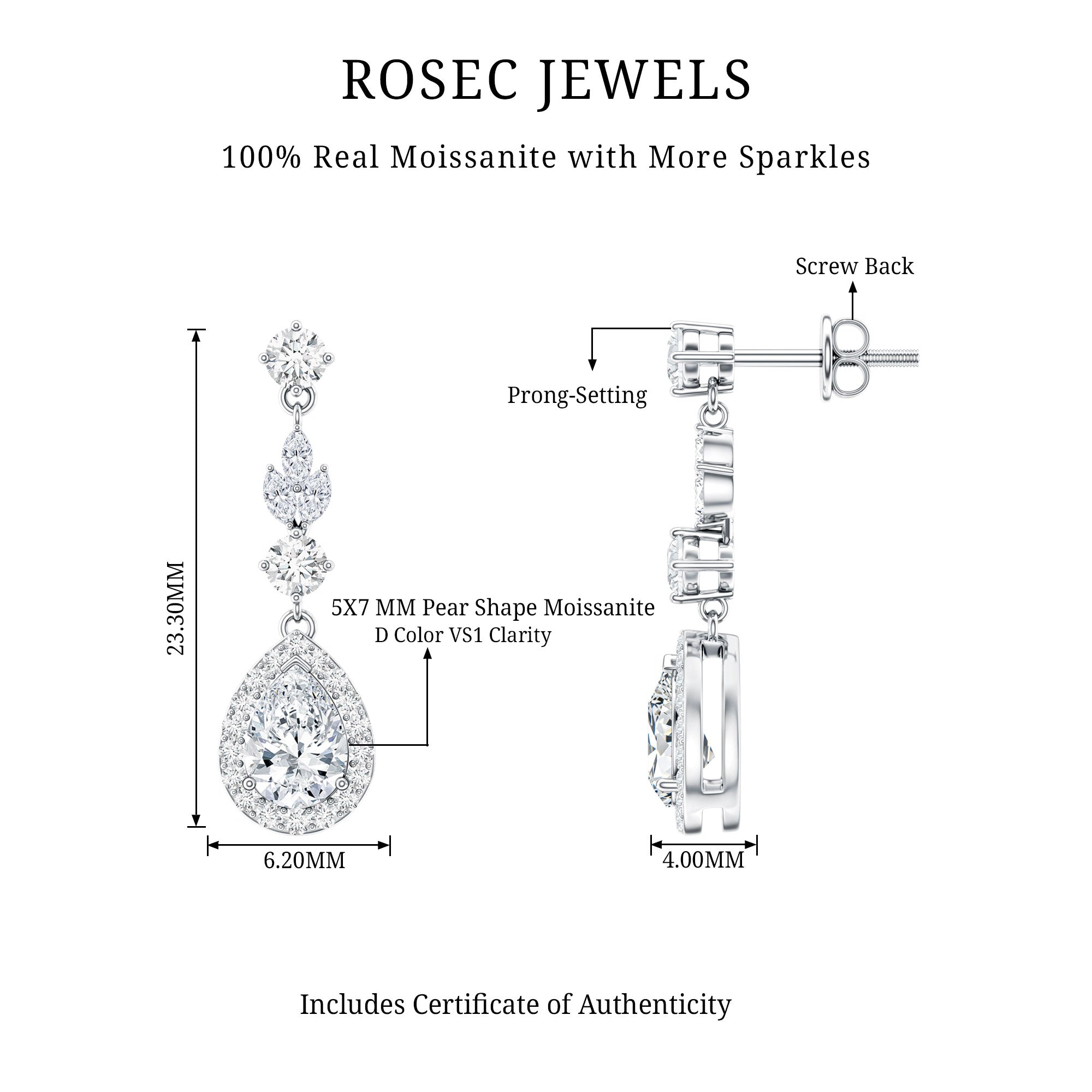 Certified Moissanite Wedding Dangling Earrings in Silver D-VS1 92.5 Sterling Silver - Rosec Jewels