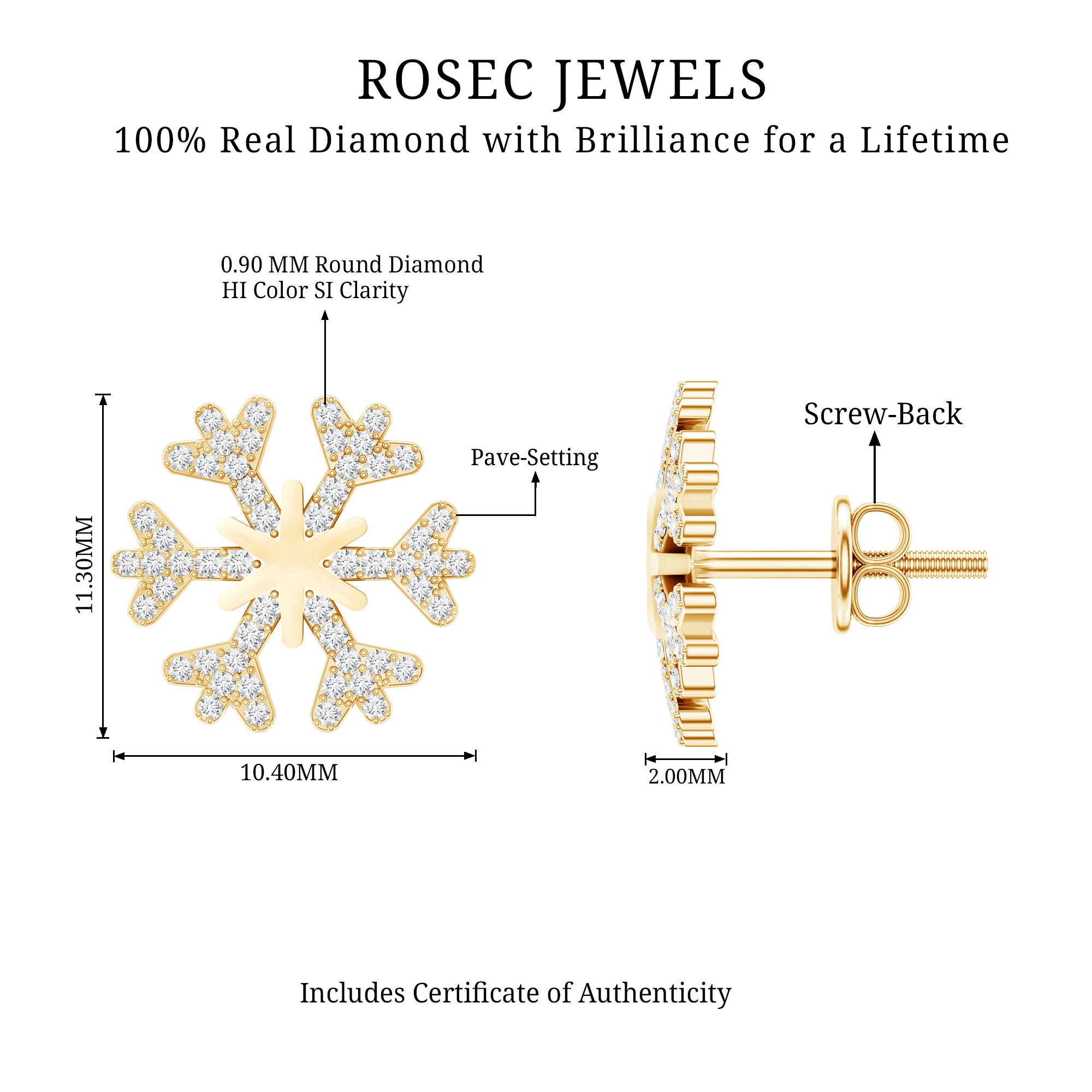 Natural Diamond Snowflake Earrings with Screw Back Natural - ( HI-SI ) - Rosec Jewels