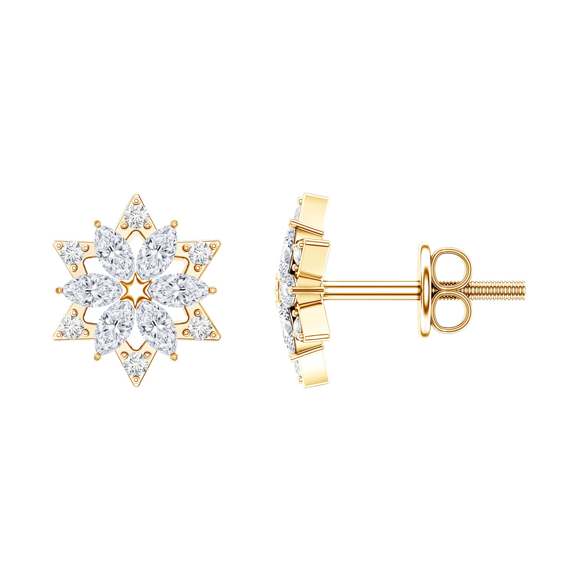 Round Diamond Flower Stud Earrings With Screw Back Natural - ( HI-SI ) - Rosec Jewels