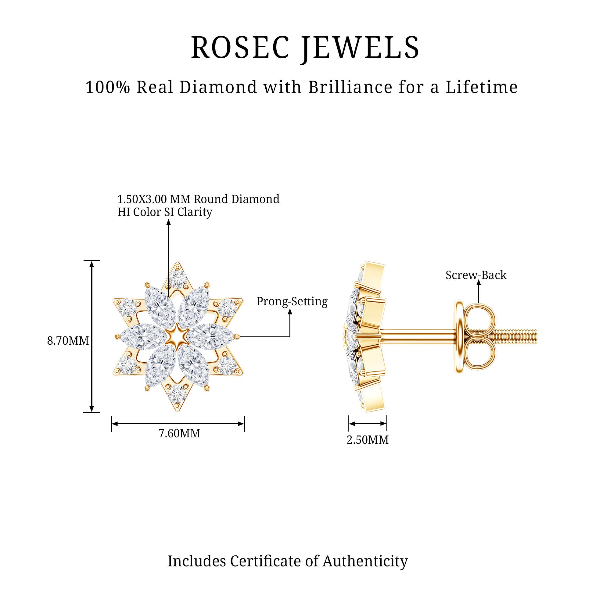 Round Diamond Flower Stud Earrings With Screw Back Natural - ( HI-SI ) - Rosec Jewels