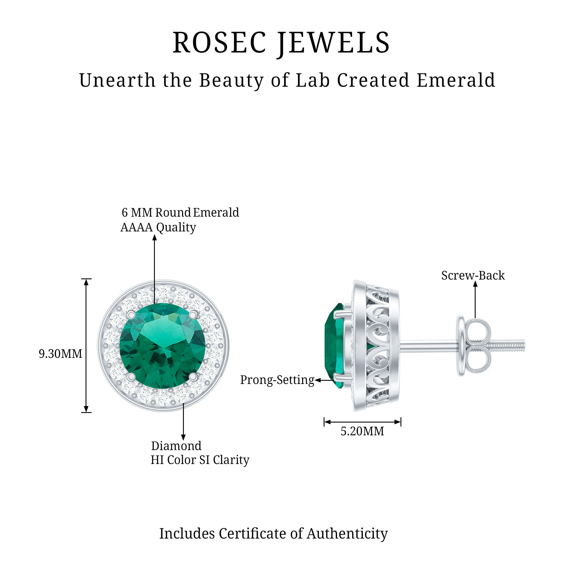 Lab Created Emerald and Diamond Wedding Stud Earrings AAAA - Rosec Jewels
