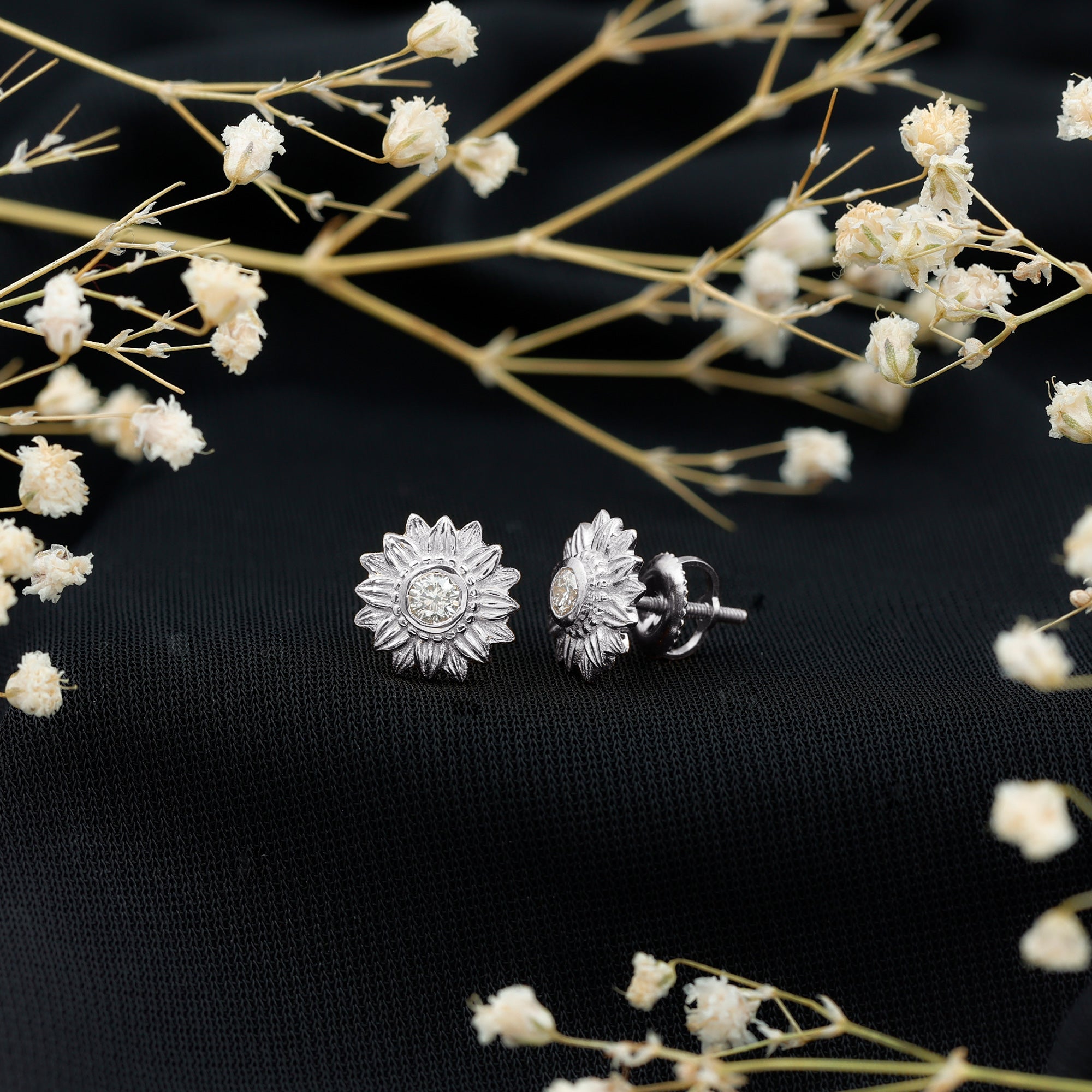 Diamond Sunflower Stud Earrings For Her Natural - ( HI-SI ) - Rosec Jewels