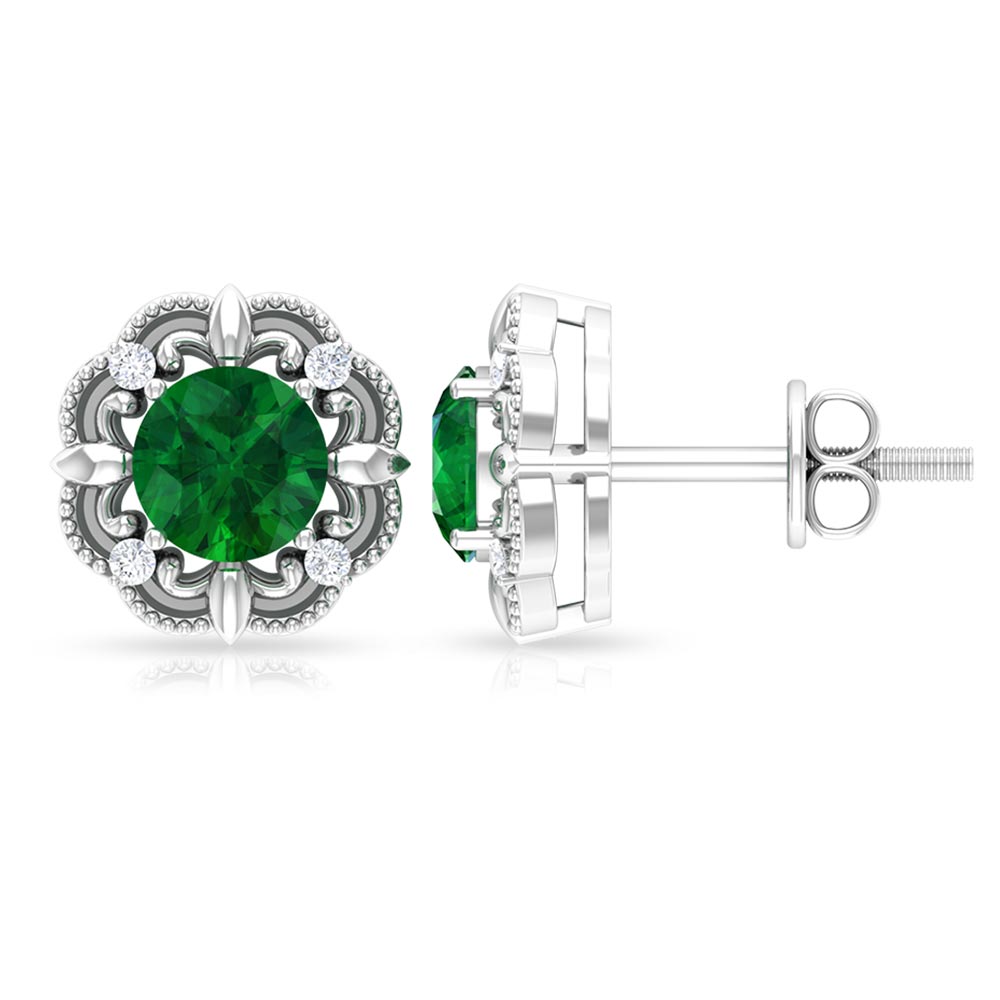 Vintage Inspired Emerald Diamond Earrings with Screw Back
