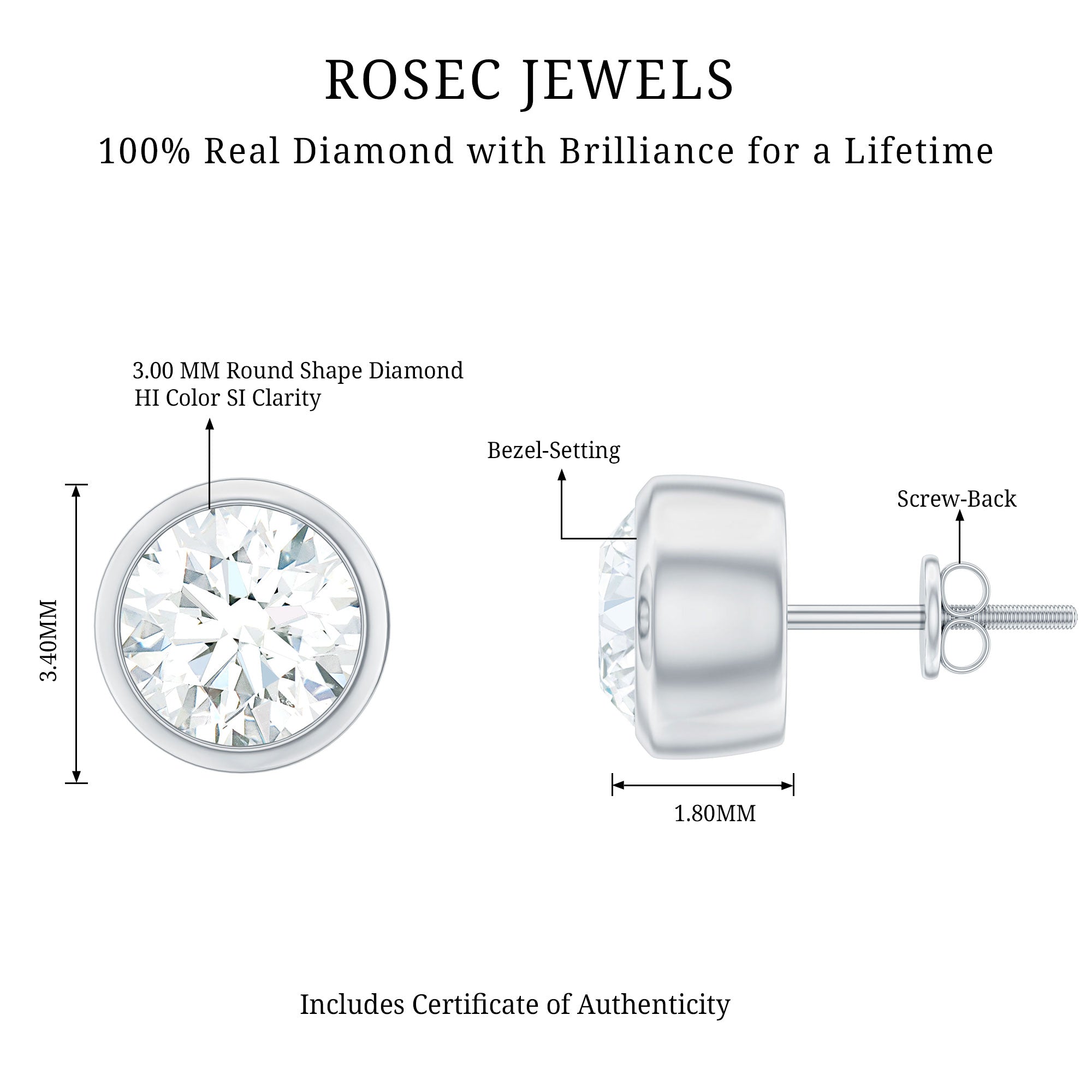 Minimalistic Bezel Set Diamond Stud Earrings Natural - ( HI-SI ) - Rosec Jewels