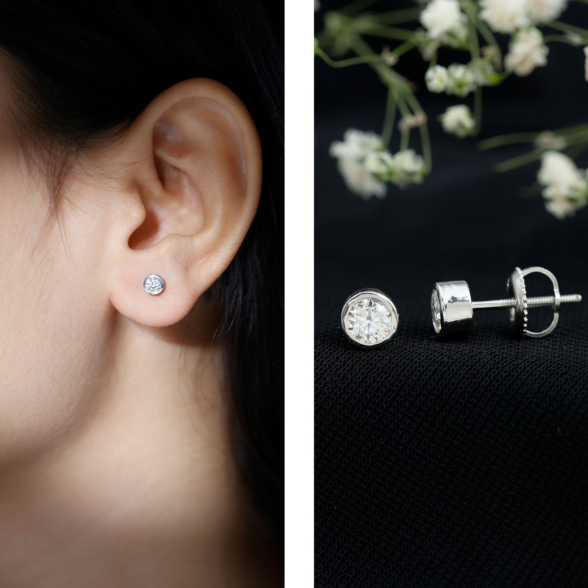 Minimalistic Bezel Set Diamond Stud Earrings Natural - ( HI-SI ) - Rosec Jewels