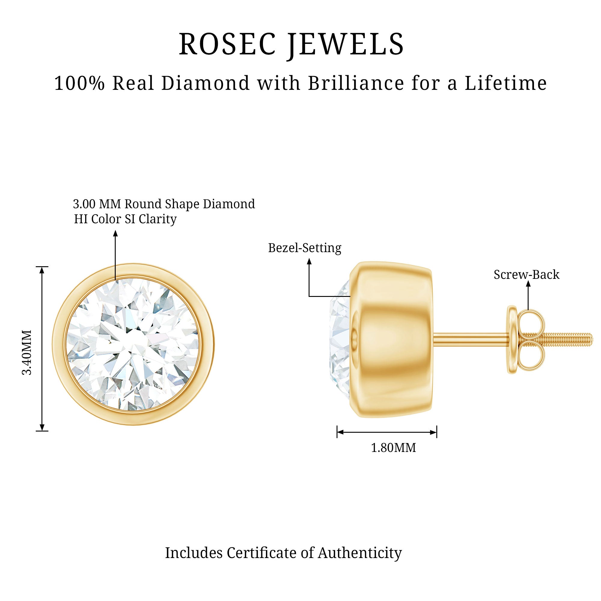 Minimalistic Bezel Set Diamond Stud Earrings Natural - ( HI-SI ) - Rosec Jewels