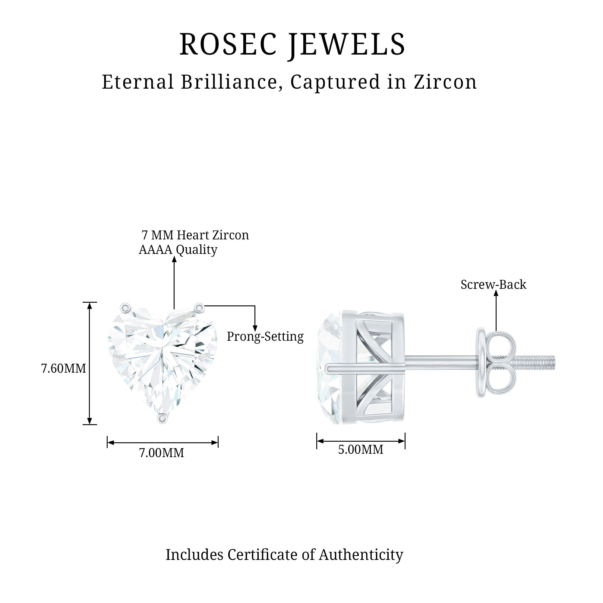 3 Carat Heart Shape Cubic Zirconia Solitaire Stud Earrings AAAA - Rosec Jewels