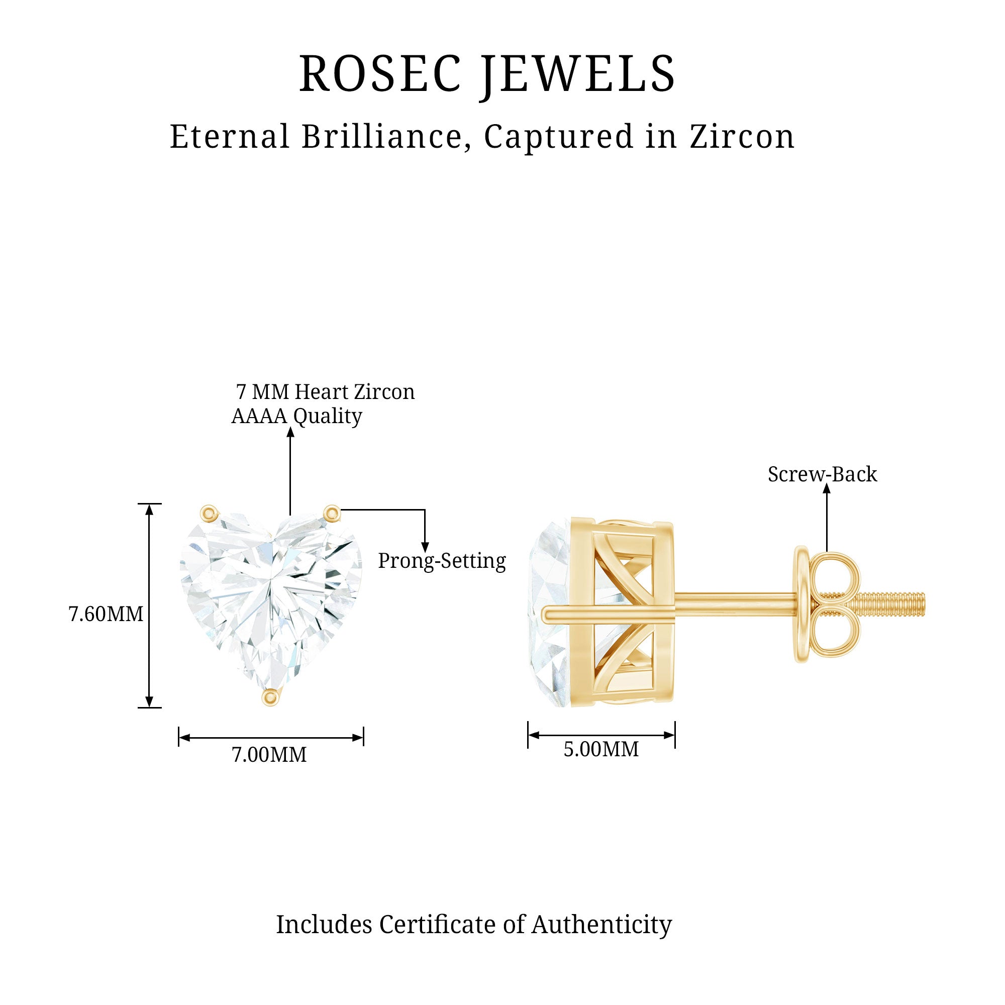 3 Carat Heart Shape Cubic Zirconia Solitaire Stud Earrings AAAA - Rosec Jewels