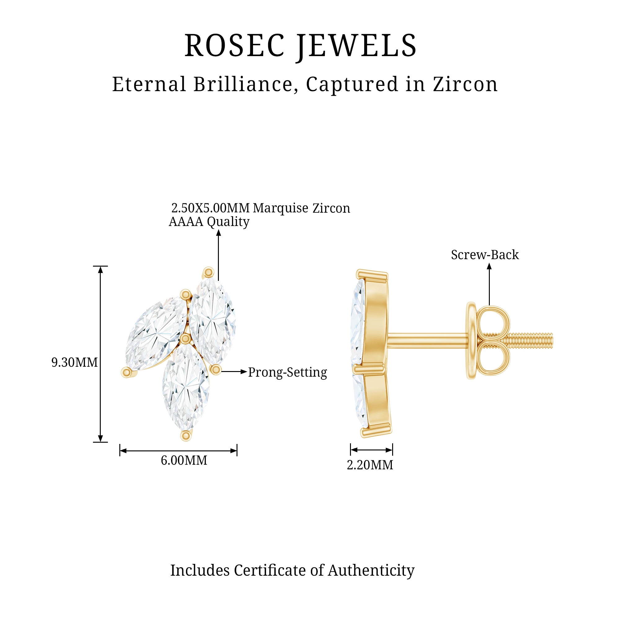 Nature Inspired 1 Carat Marquise Cut Zircon Leaf Stud Earrings AAAA - Rosec Jewels