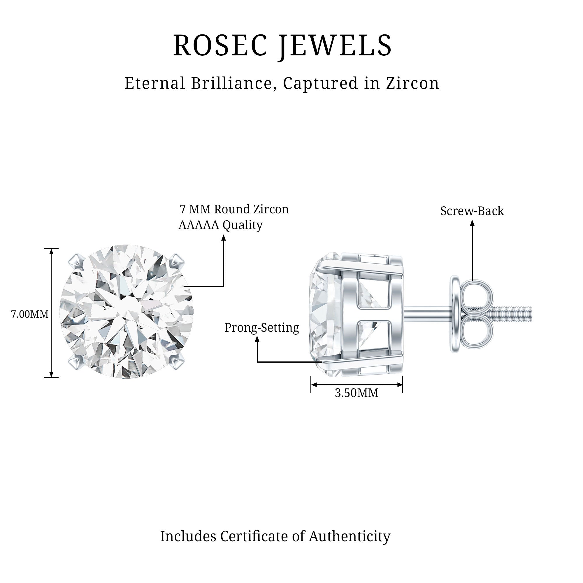 Certified 2.7 Carat Cubic Zirconia Stud Earrings with Screw Back AAAAA 92.5 Sterling Silver - Rosec Jewels