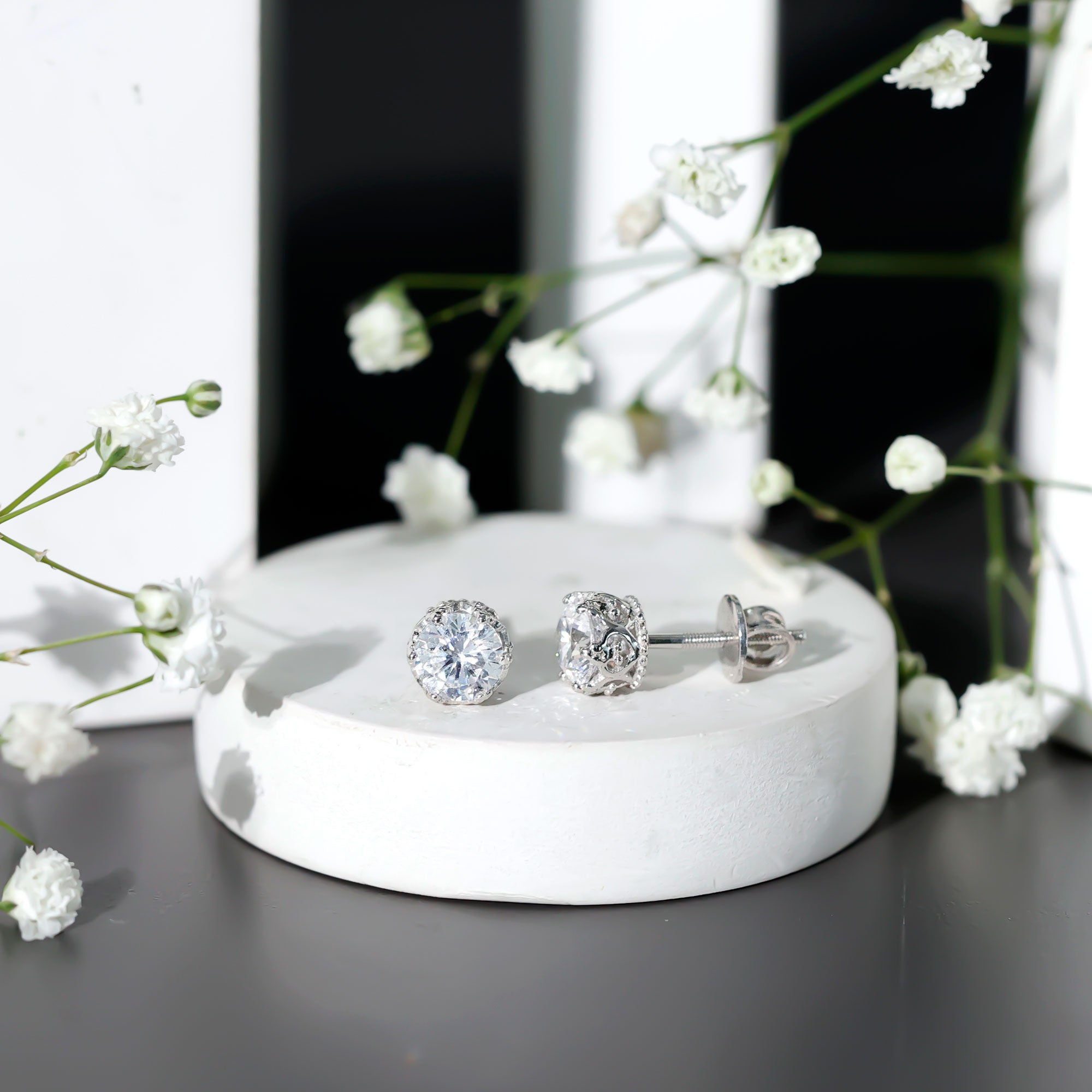 1 Carat Round Cubic Zirconia Crown Stud Earrings in Silver AAAAA 92.5 Sterling Silver - Rosec Jewels
