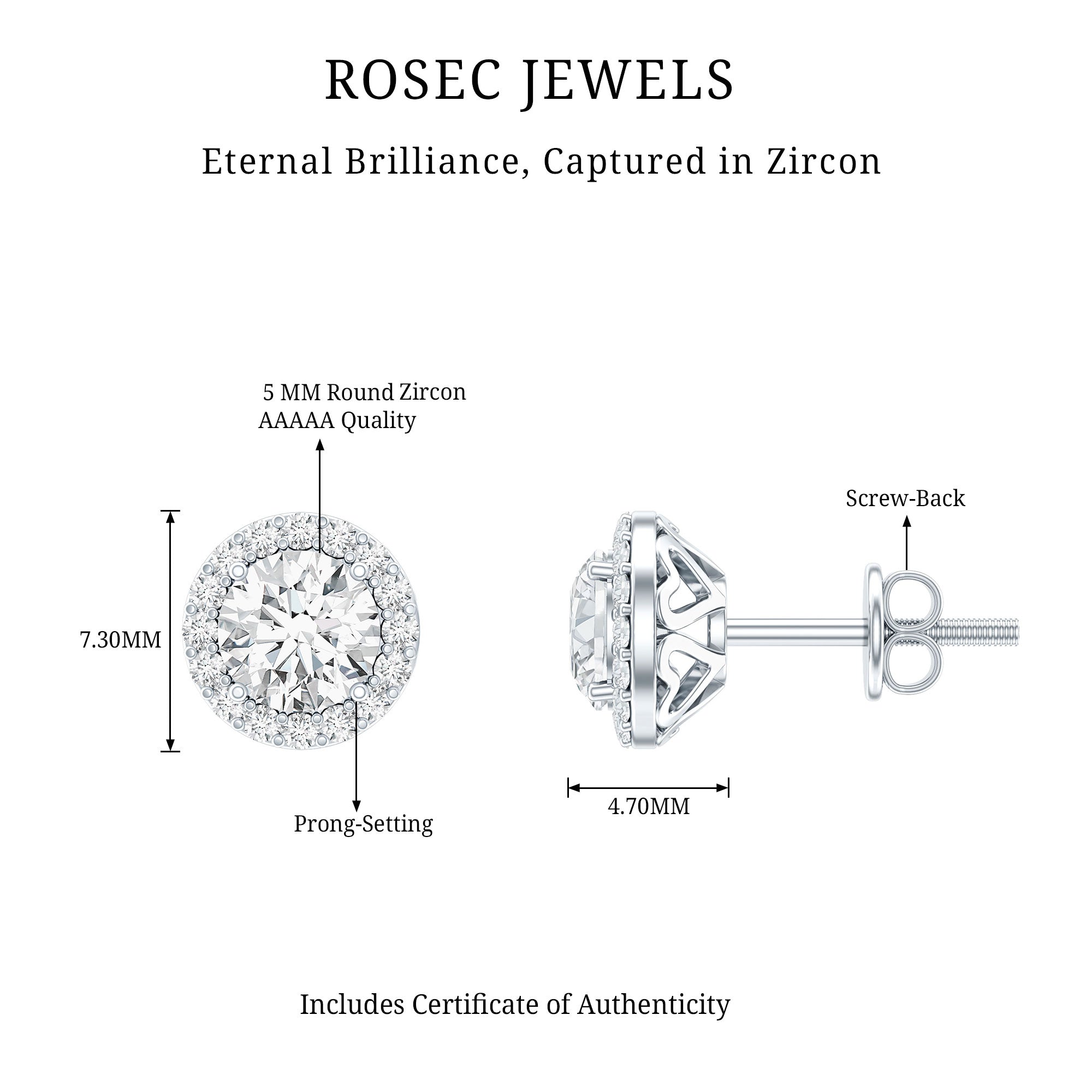 Certified 1 Carat Round Cut CZ Diamond Stud Earrings in Silver AAAAA 92.5 Sterling Silver - Rosec Jewels