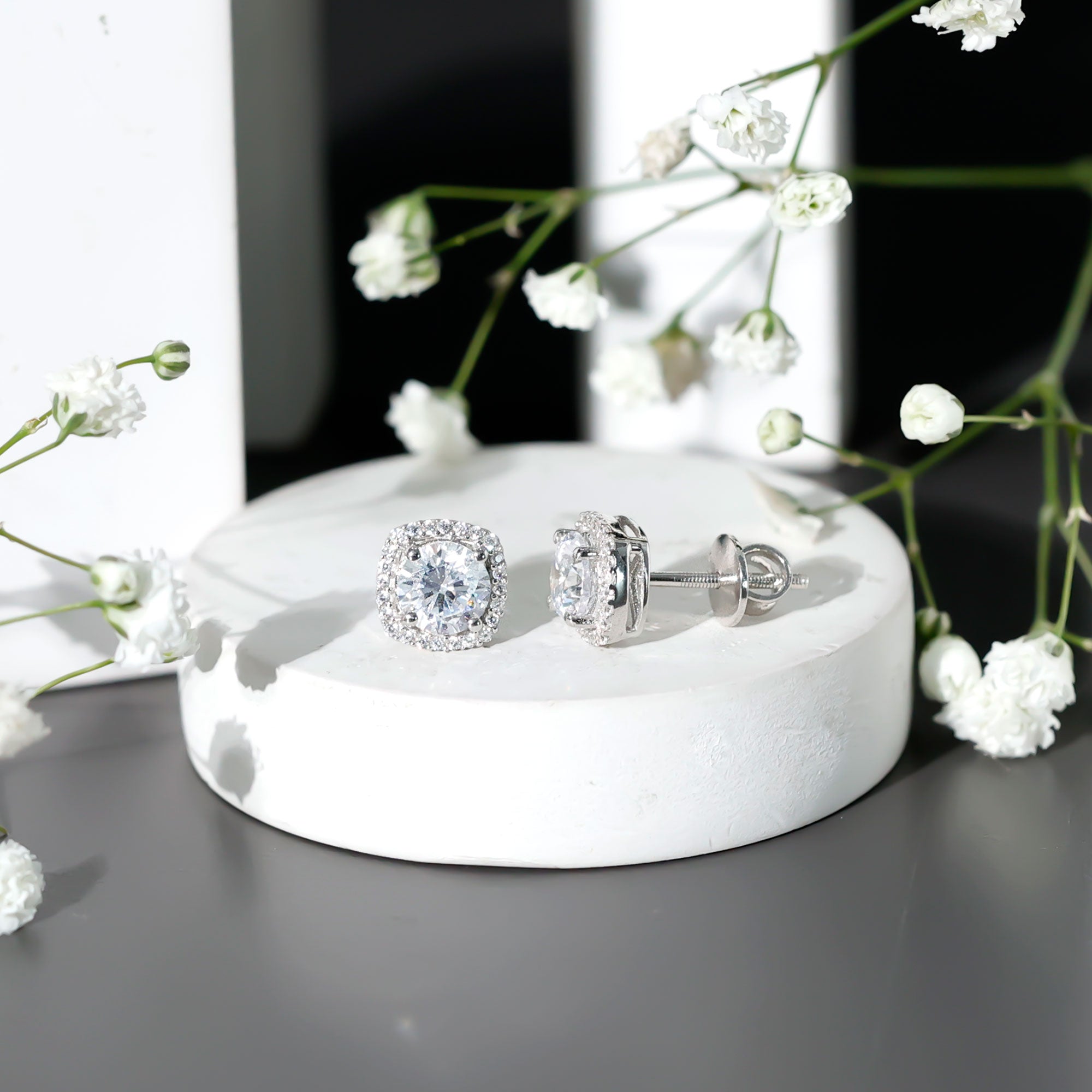 Womens 2 Carat Cubic Zirconia Halo Stud Earrings in 14K Gold Plated Silver AAAAA 92.5 Sterling Silver - Rosec Jewels