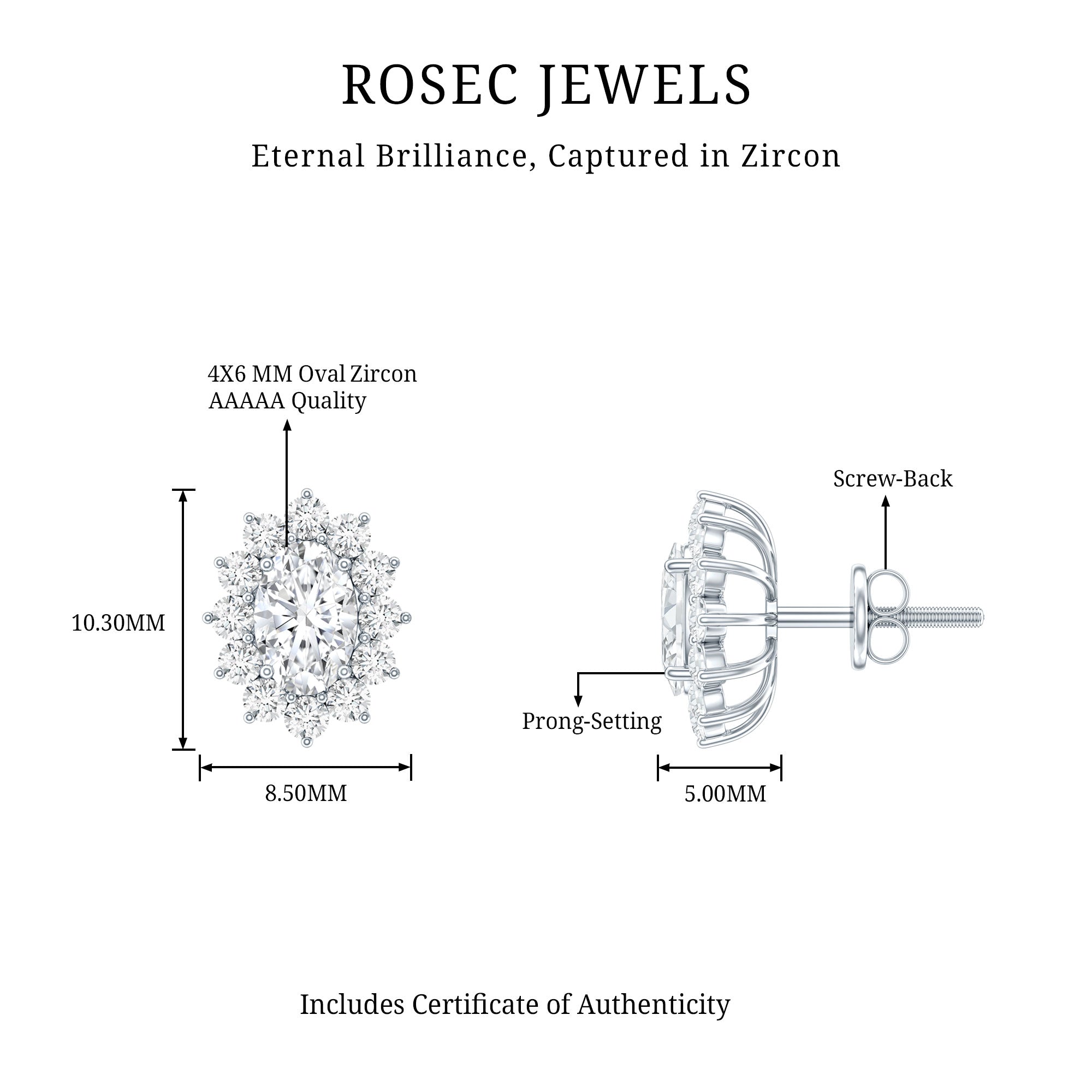 Oval Shaped CZ Diamond Halo Stud Earrings with Screw Back AAAAA 92.5 Sterling Silver - Rosec Jewels