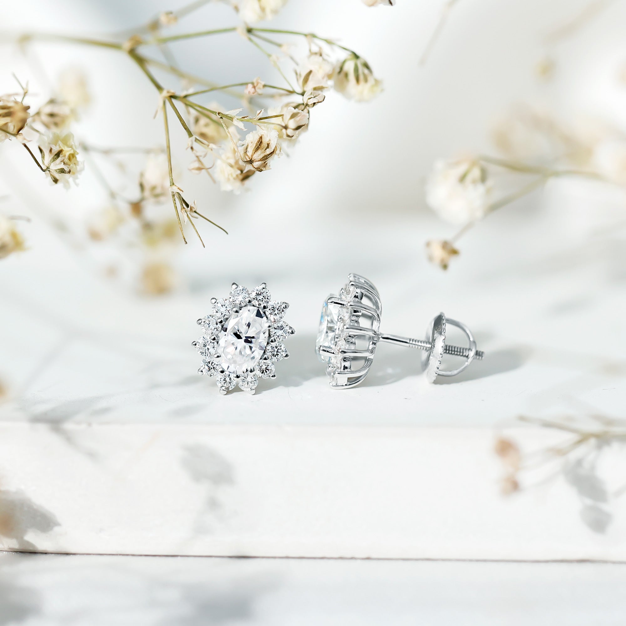 Oval Shaped CZ Diamond Halo Stud Earrings with Screw Back AAAAA 92.5 Sterling Silver - Rosec Jewels