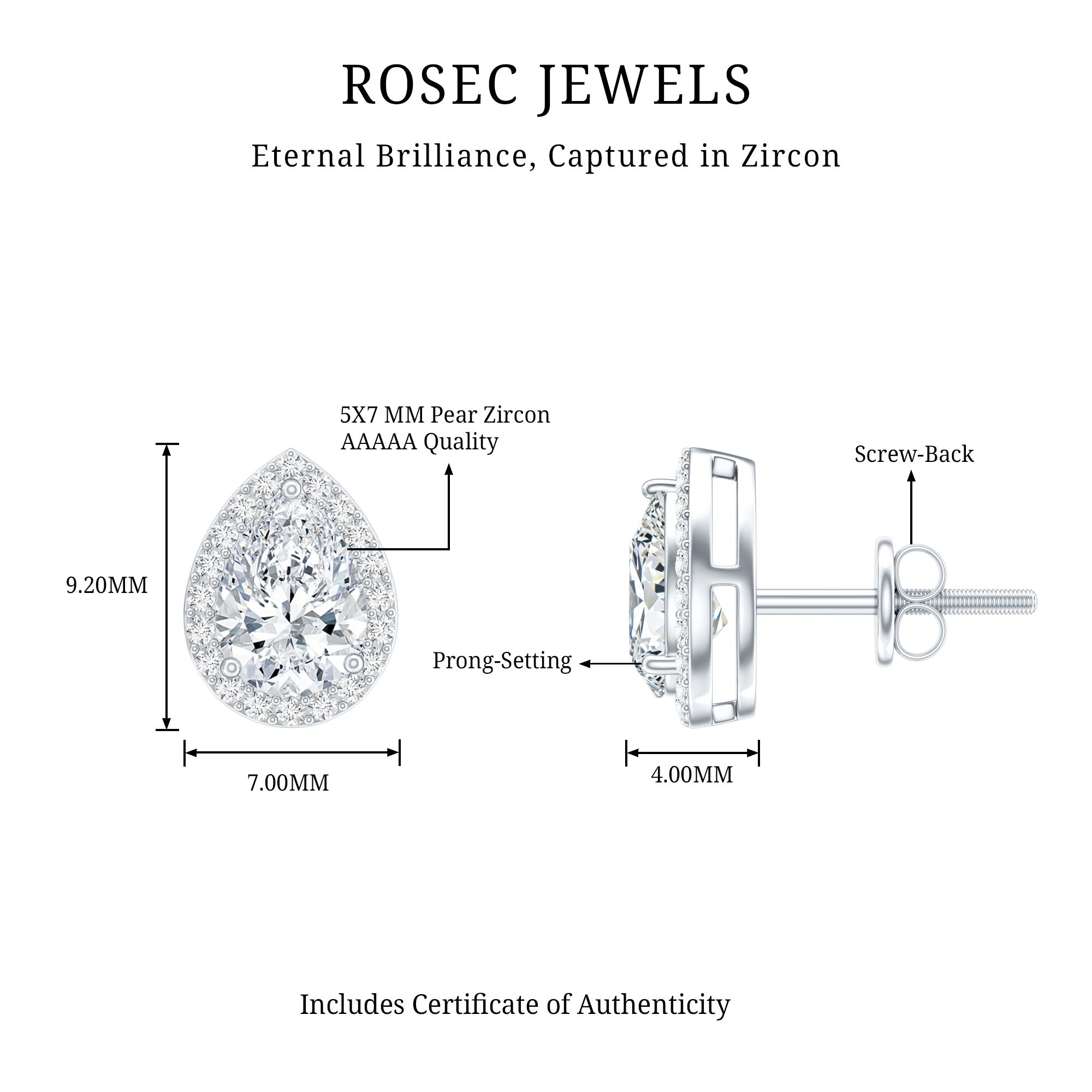Certified 5X7 MM Cubic Zirconia Halo Stud Earrings AAAAA 92.5 Sterling Silver - Rosec Jewels