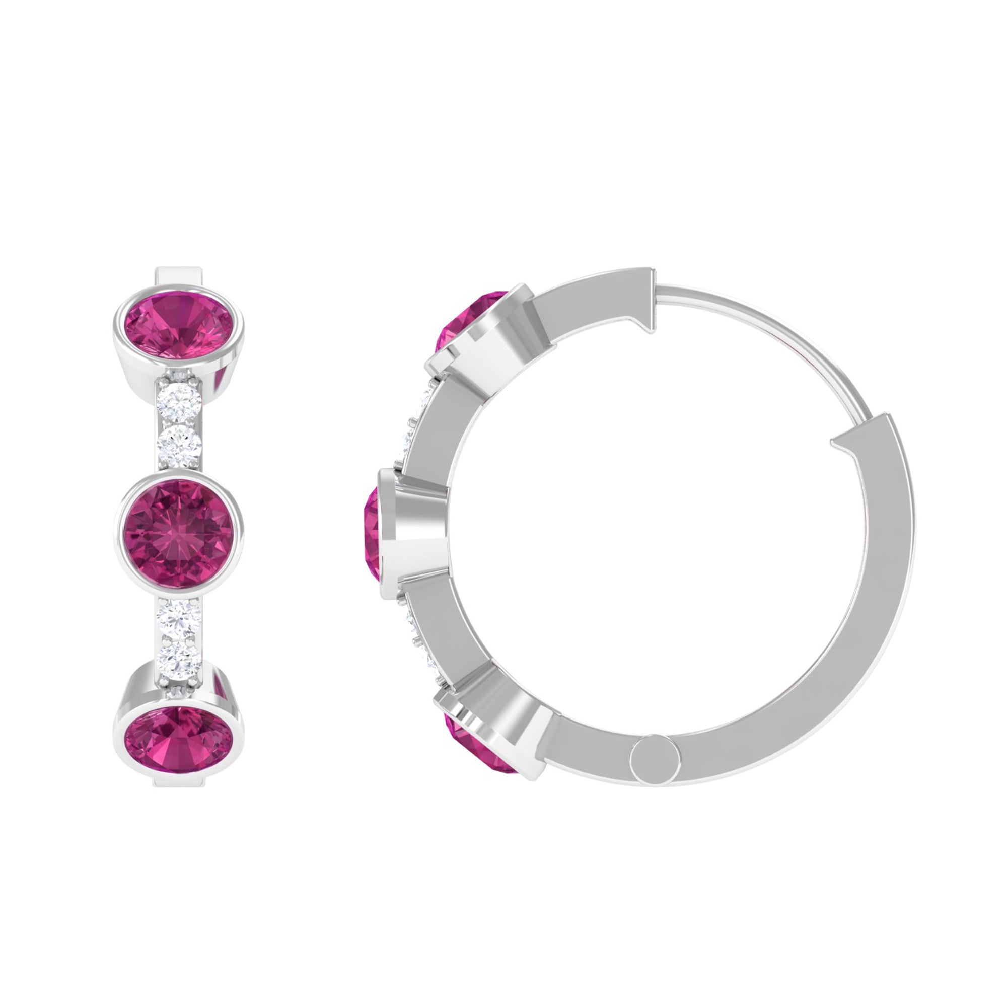 Bezel Set Pink Tourmaline Hinged Hoop Earrings with Diamond